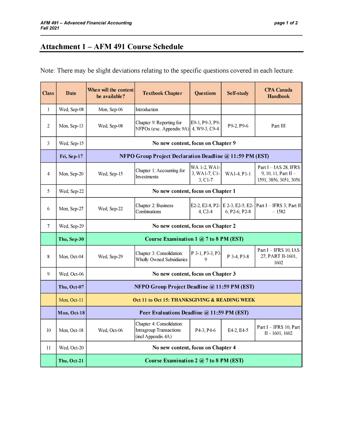 AFM491 F2021 Course Schedule AFM 491 Advanced Financial Accounting