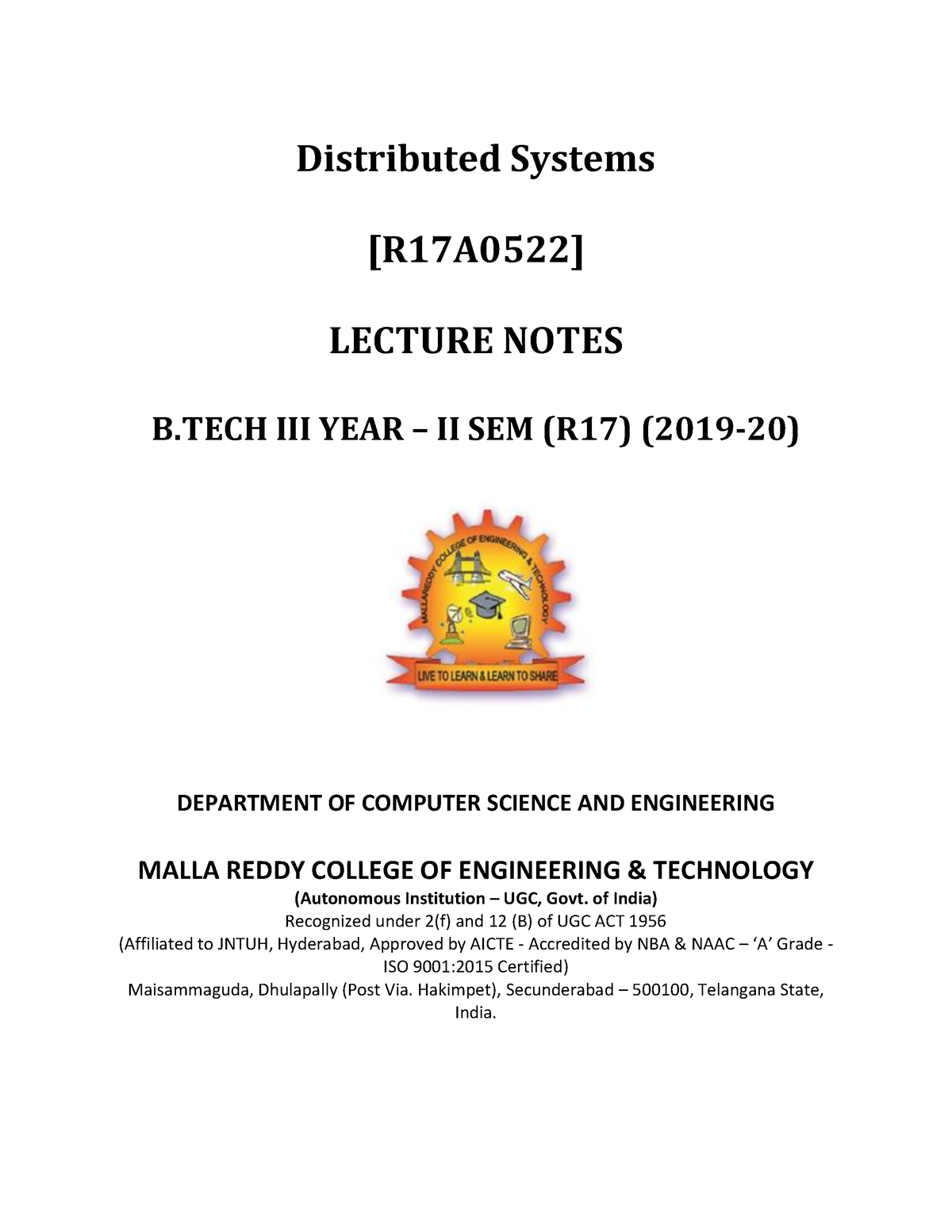 Distributed Systems Notes - Distributed Systems [R17A0522] LECTURE ...