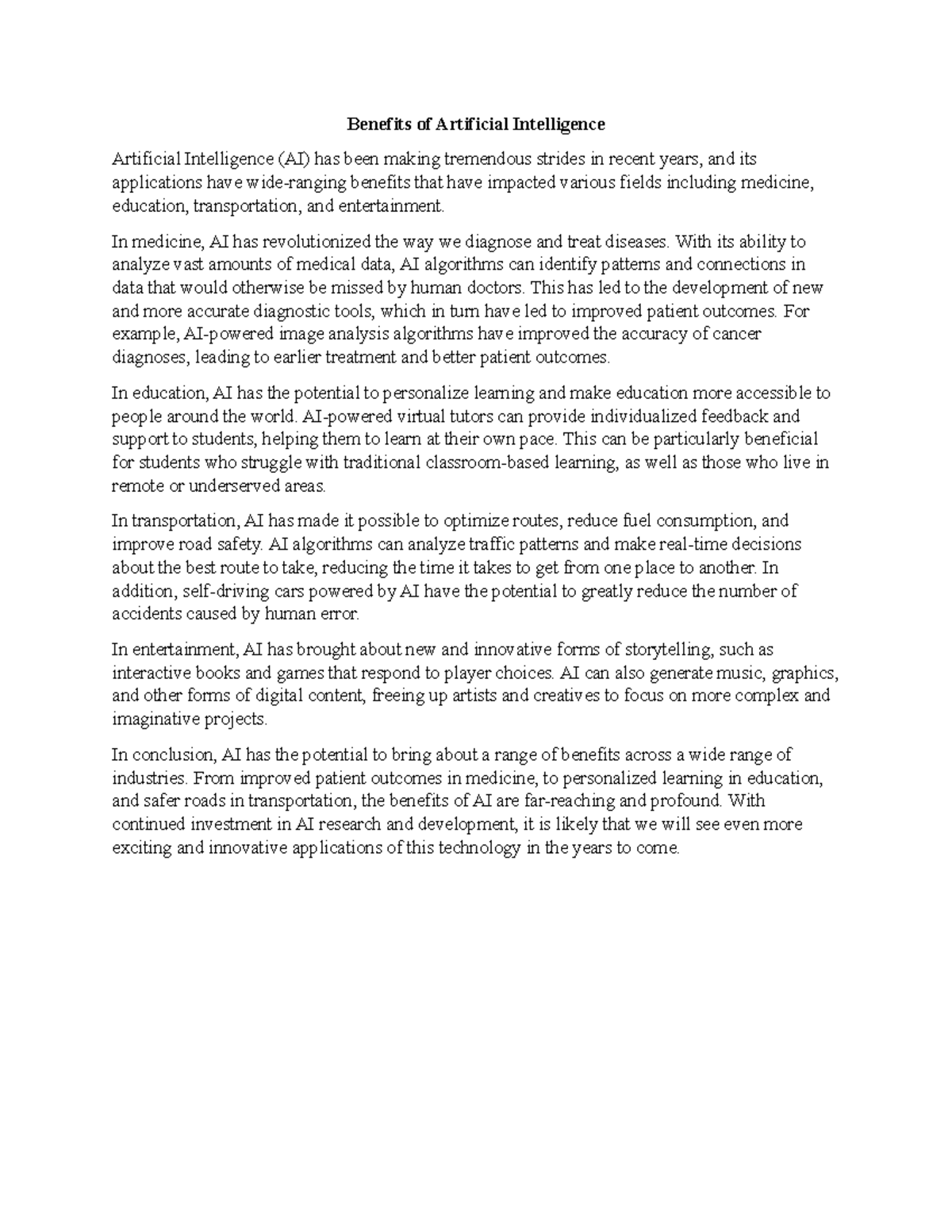 Benefits of Artificial Intelligence Benefits of Artificial