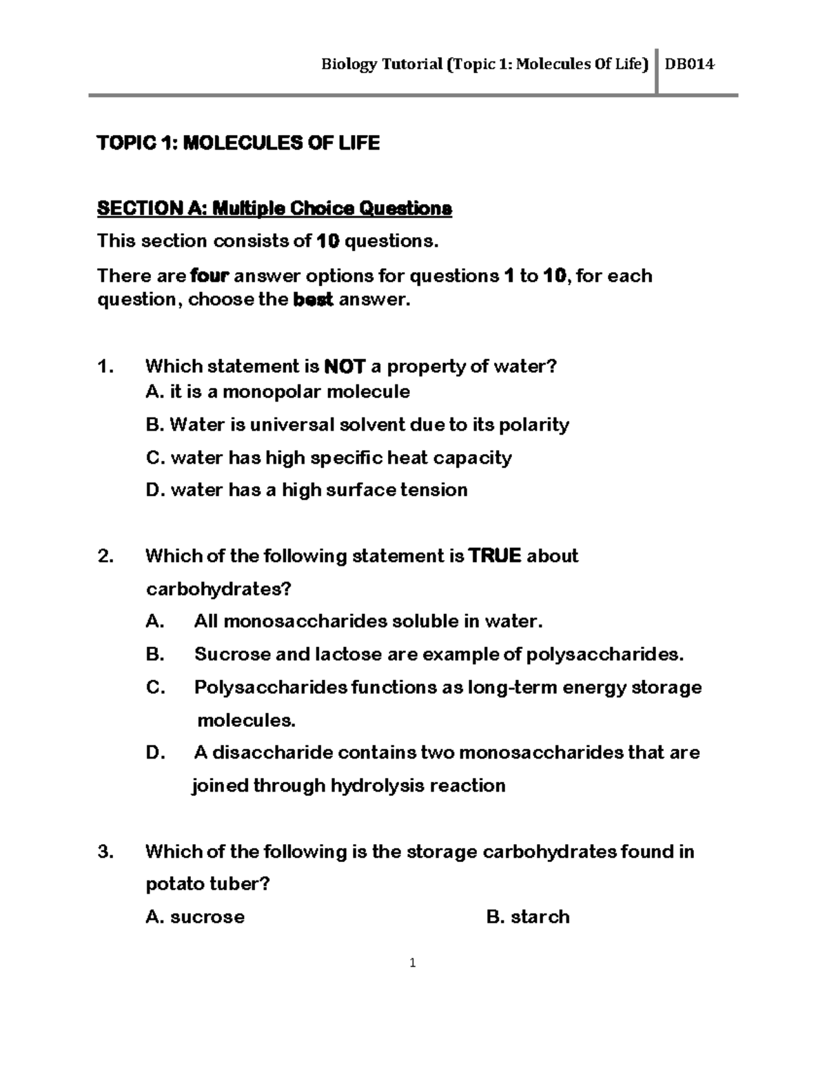 Chapter 1 Molecules of Life question TOPIC 1 MOLECULES OF LIFE