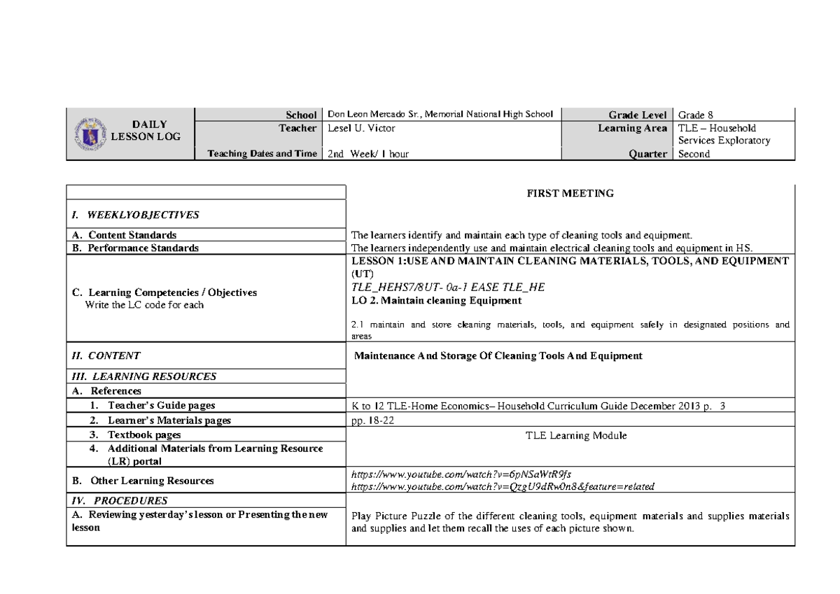 Exploratory Household Services Lesson 1 DAILY LESSON LOG School Don 