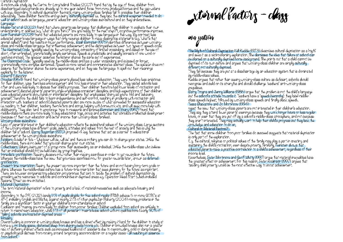 Class differences - Internal and external factors - ####### Cultural ...