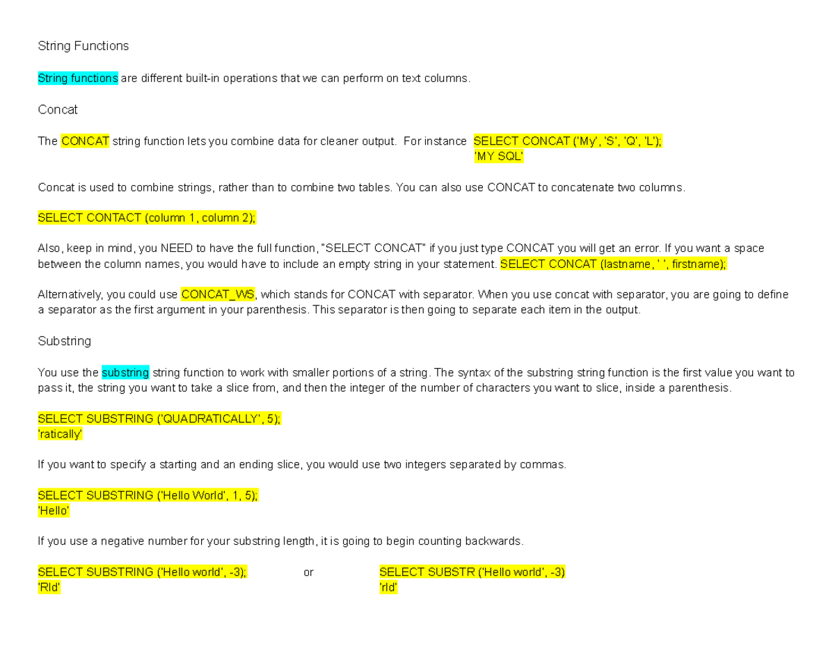 SQL Boot Camp Notes Modules 7 - 9 - String Functions String functions ...