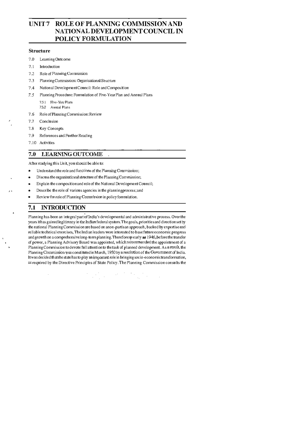 Unit 7 Commerce UNIT 7 ROLE OF PLANNING COMMISSION AND NATIONAL 