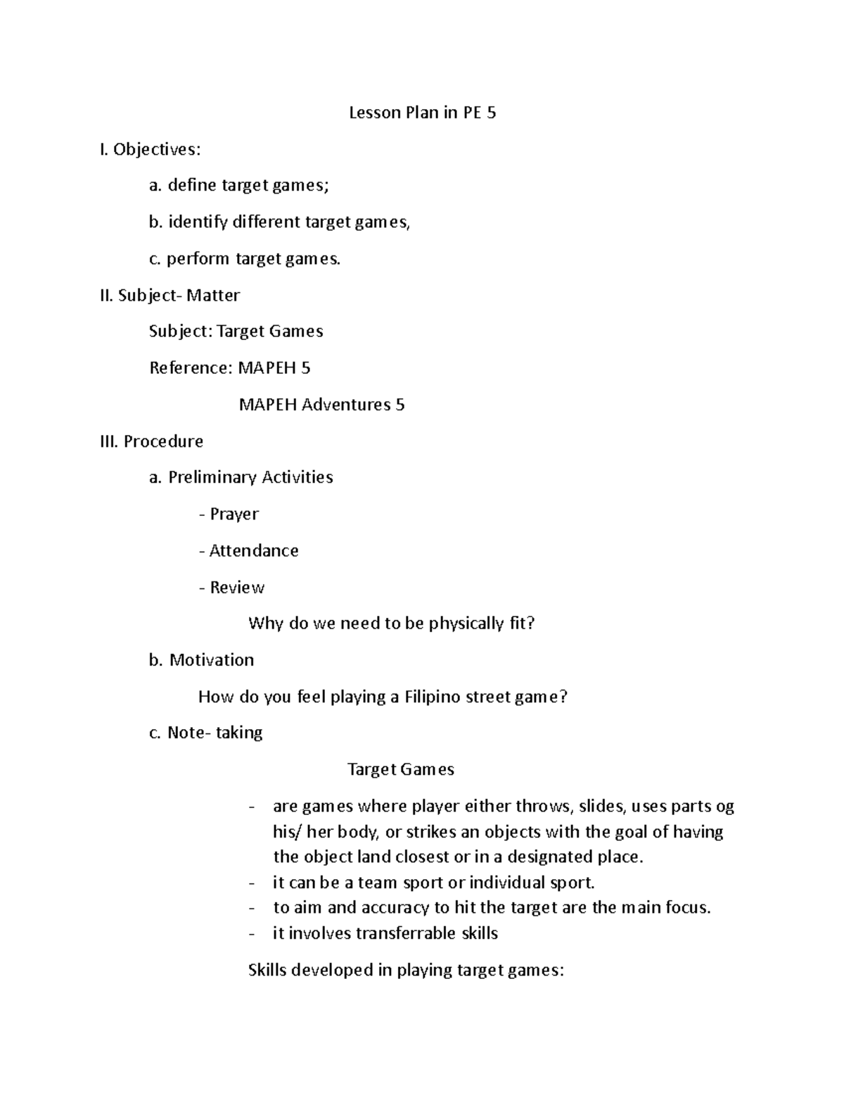  2 lesson plan in pe 5 eatttttttttttttt lesson plan in pe 5 i