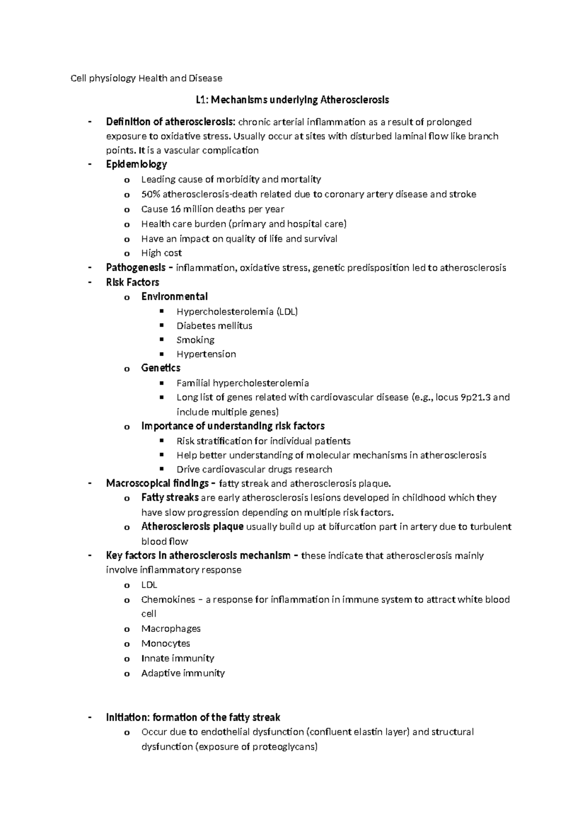Atherosclerosis note - Cell physiology Health and Disease L1 ...