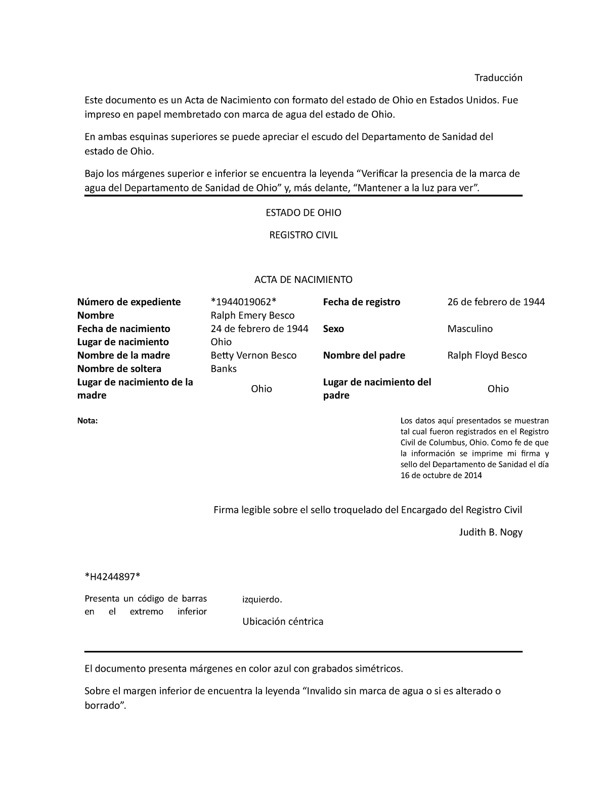 Ejemplo de traducción de acta de nacimiento eng-esp - Traducción Este  documento es un Acta de - Studocu