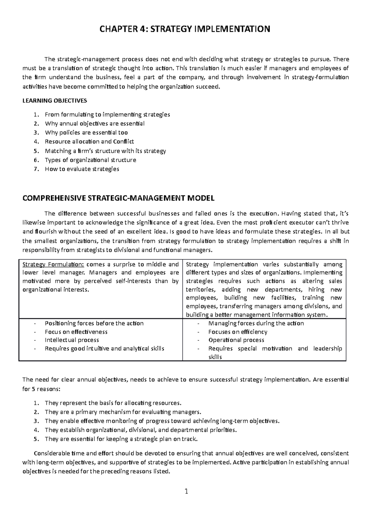 UNIT 4 - Apuntes - CHAPTER 4: STRATEGY IMPLEMENTATION The strategic ...