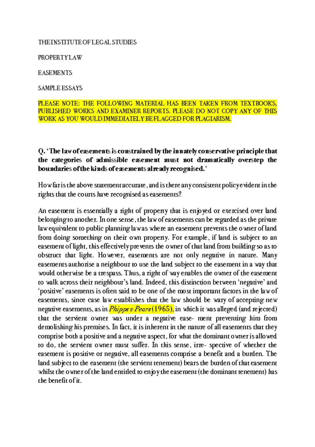 Essay Samples Easements THE INSTITUTE OF LEGAL STUDIES PROPERTY LAW