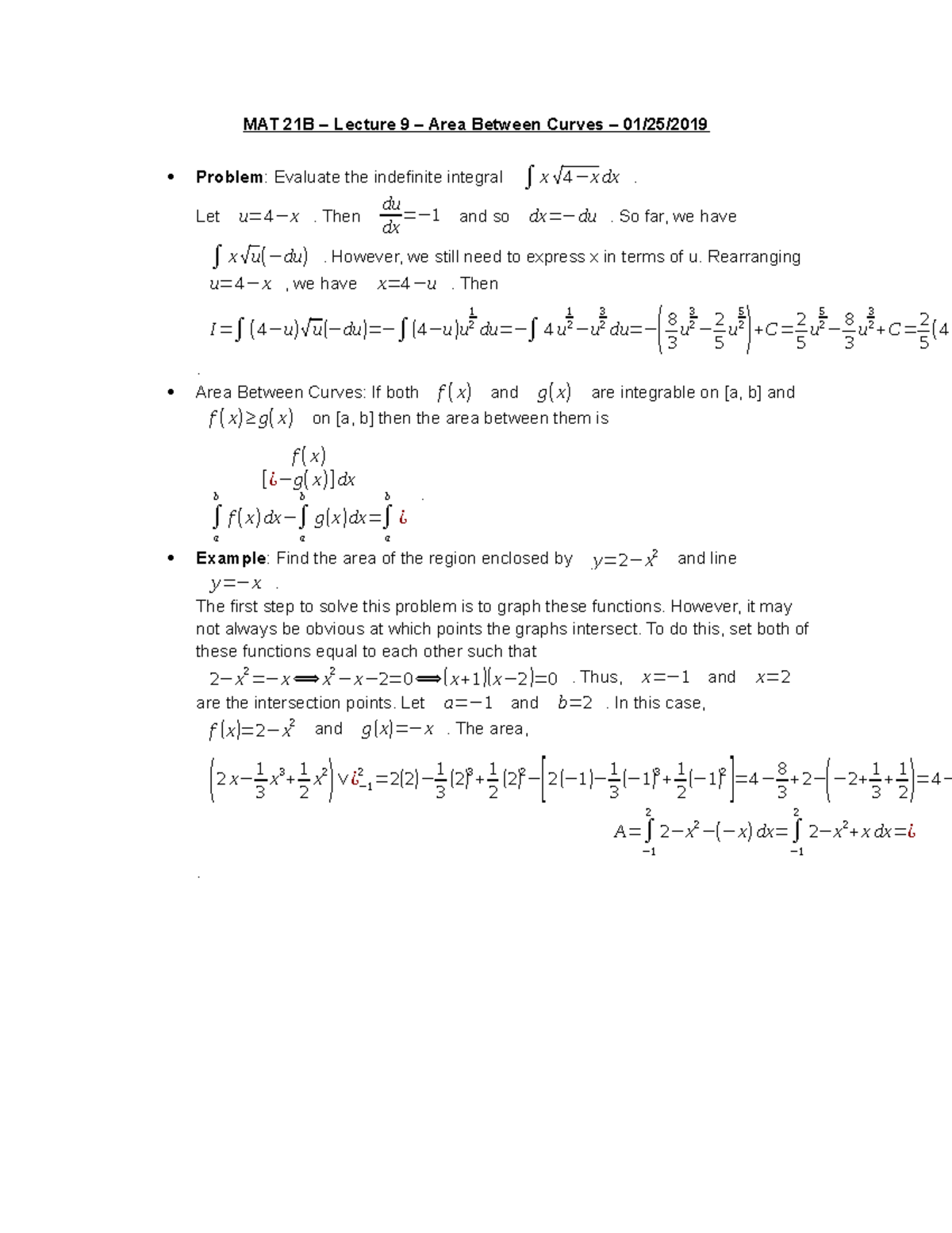 MAT 21B – Lecture 9 – Area Between Curves - MAT 21B – Lecture 9 – Area Between Curves – 01/25/2 ...