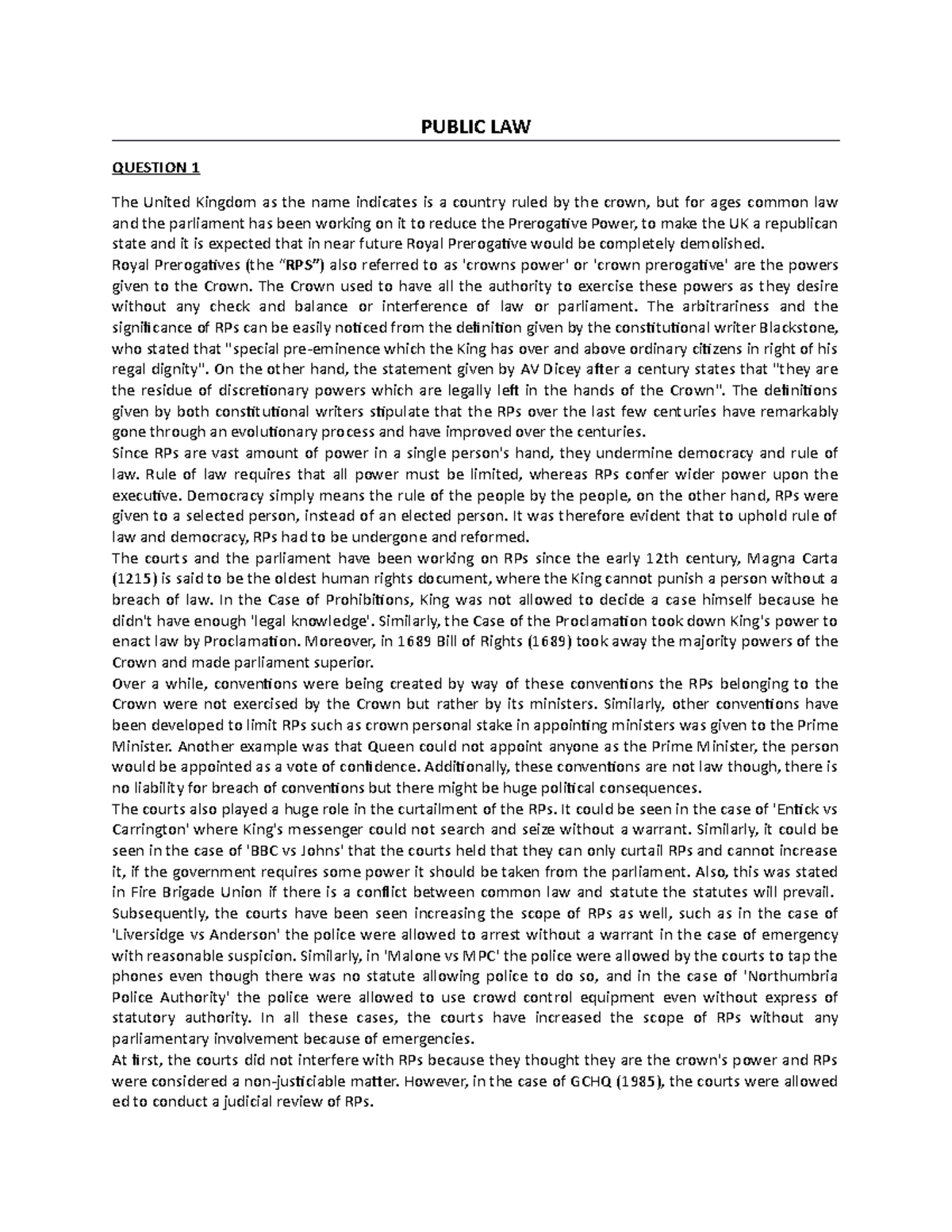 Public Law Mock Practice Exam Public Law Question 1 The United