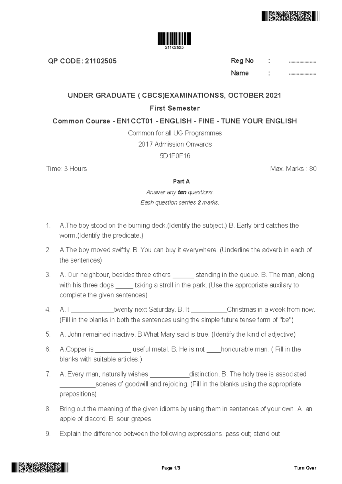 Fine tune question paper 2021 (MGU) QP CODE 21102505 Reg No