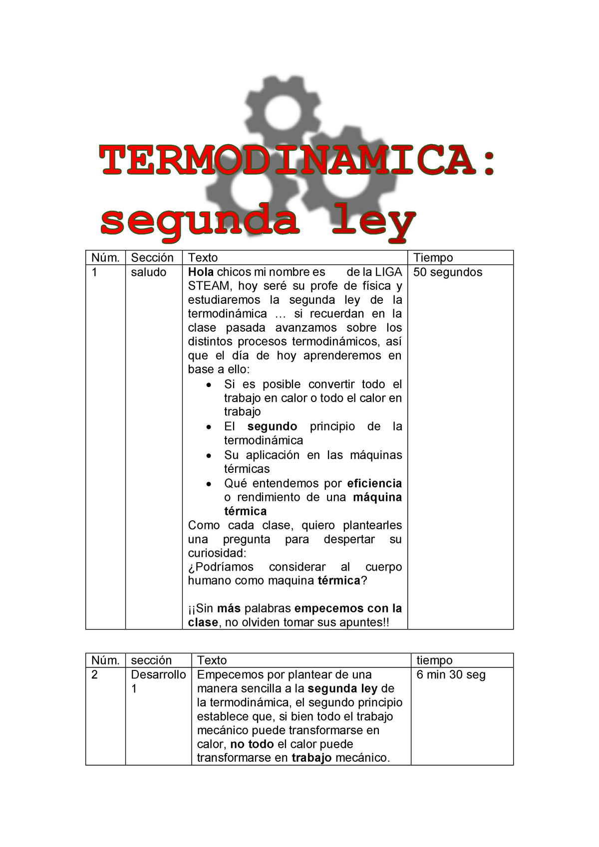 Termodinamica segunda ley - Warning: TT: undefined function: 32 Núm.  Sección Texto Tiempo 1 saludo - Studocu