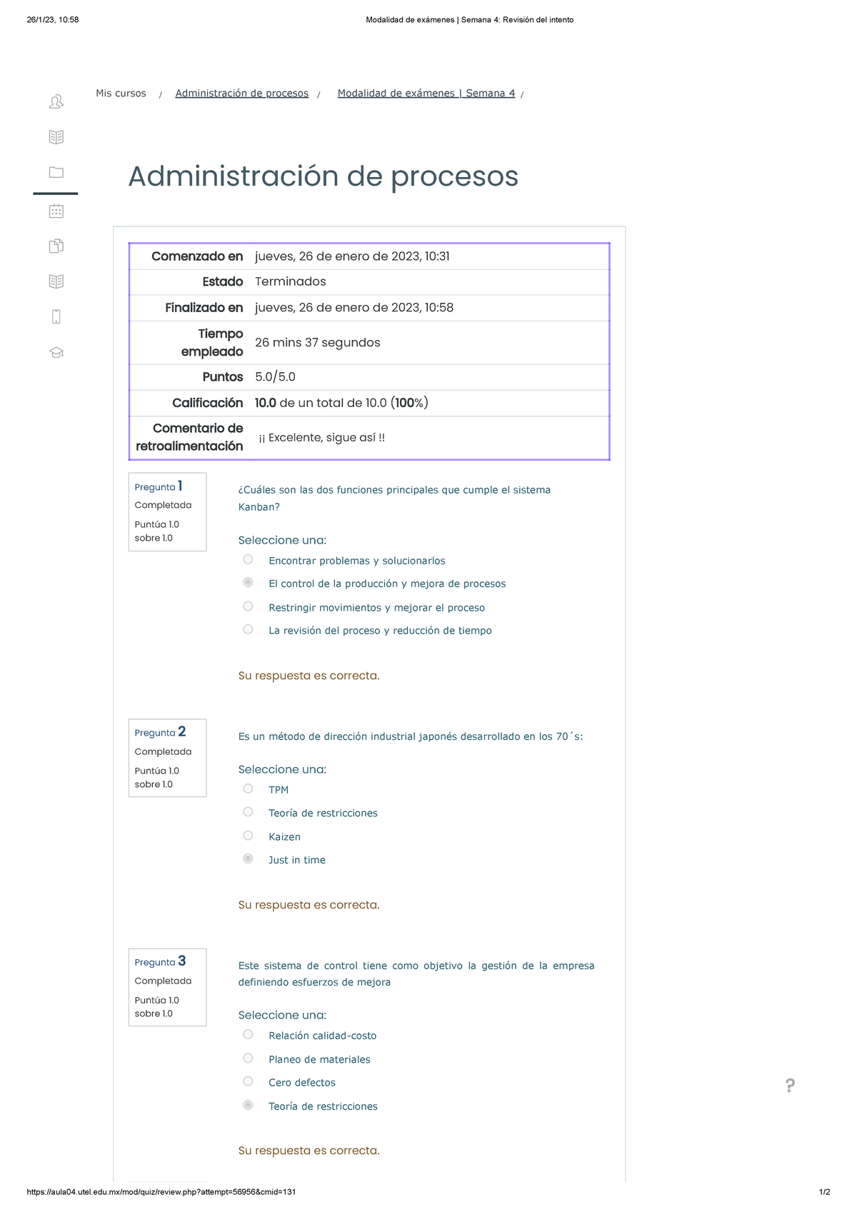 Administracion DE Procesos Modalidad De Exámenes Semana 4 - 26/1/23, 10 ...