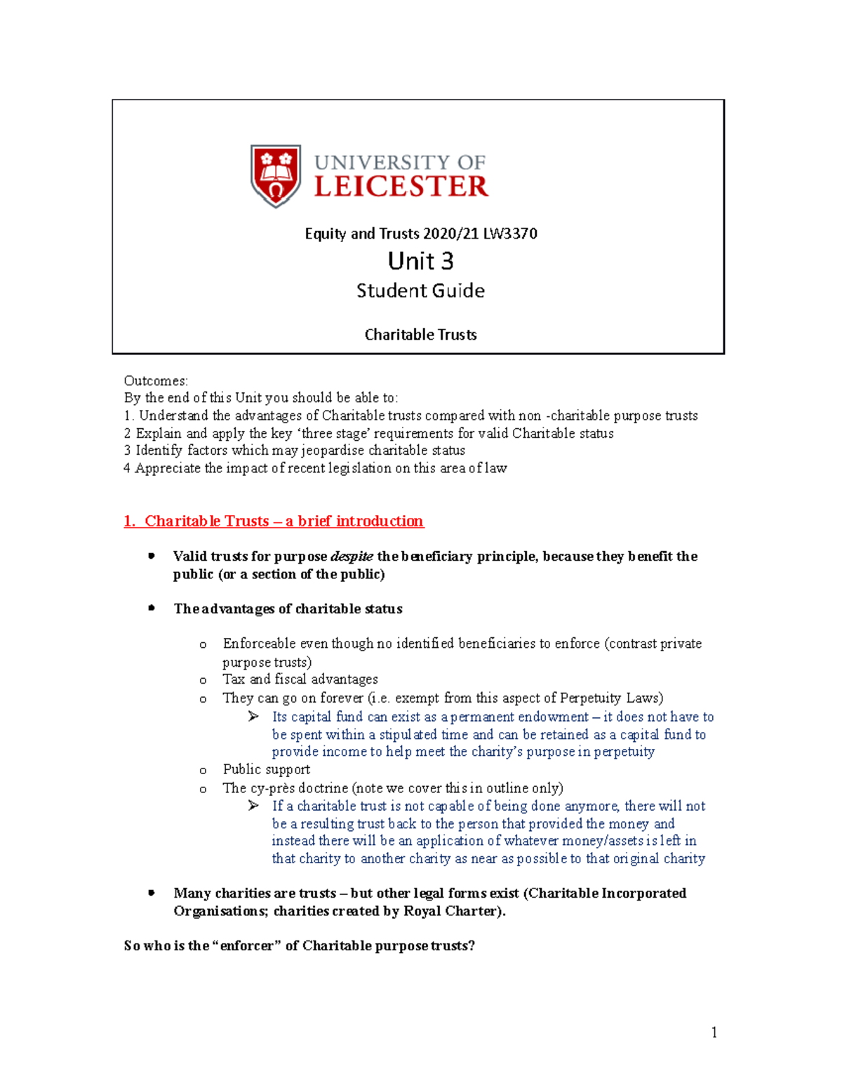 Equity and Trusts - Charitable Trusts - Lecture Handout Notes - LW3375 ...