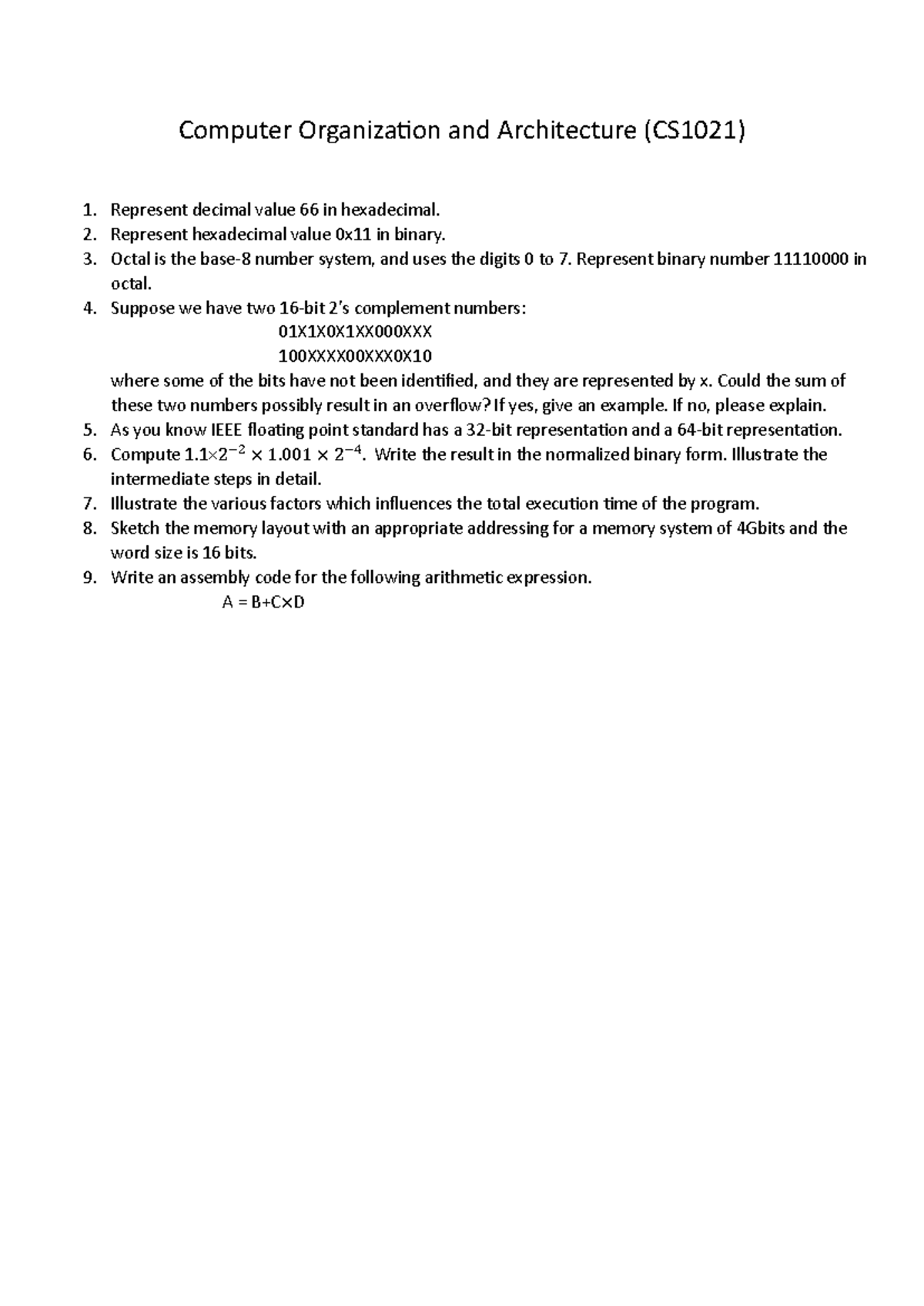 Assignment-1 - I just need PDF - Computer Organization and Architecture ...