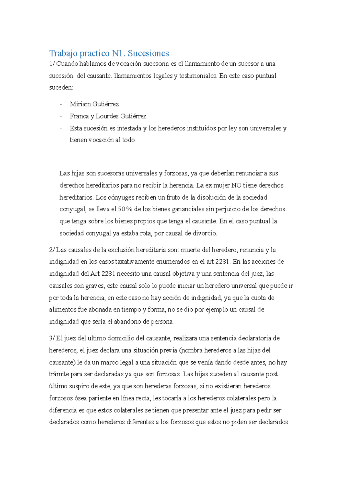 TP1 Sucesiones Tp Derecho Sucesorio Trabajo Practico N1 Sucesiones 