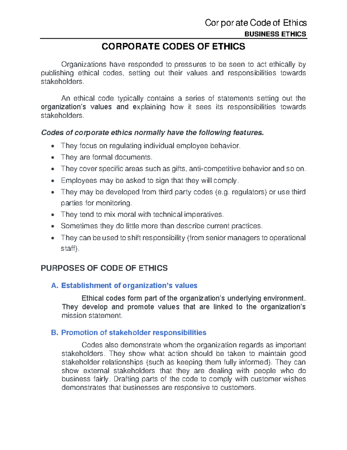 Corporate Code Of Ethics And Corporate Governance Cor Por Ate Code Of