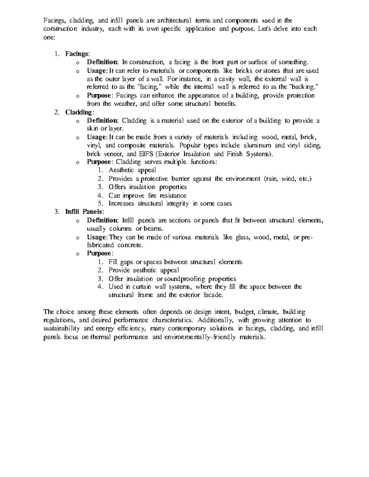 Facings - notes - Facings, cladding, and infill panels are ...