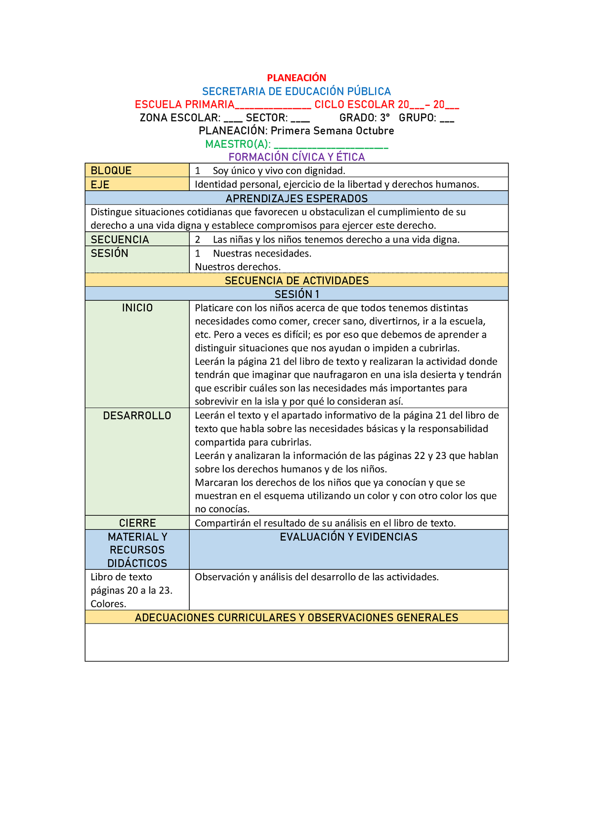 Tercero Octubre - Planeación - SECRETARIA DE EDUCACI”N P⁄BLICA ESCUELA ...