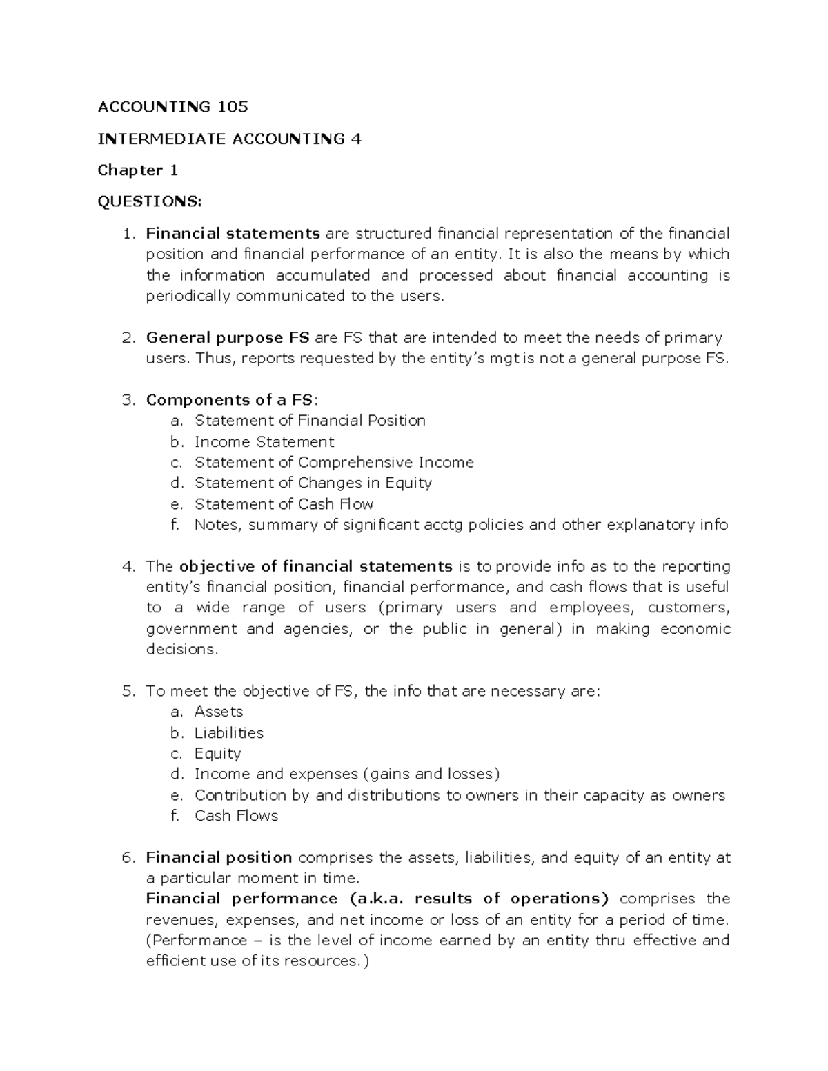Financial Statements SUMMARY INTERMEDIATE ACCTG VOLUME 3 ACCOUNTING 105 INTERMEDIATE