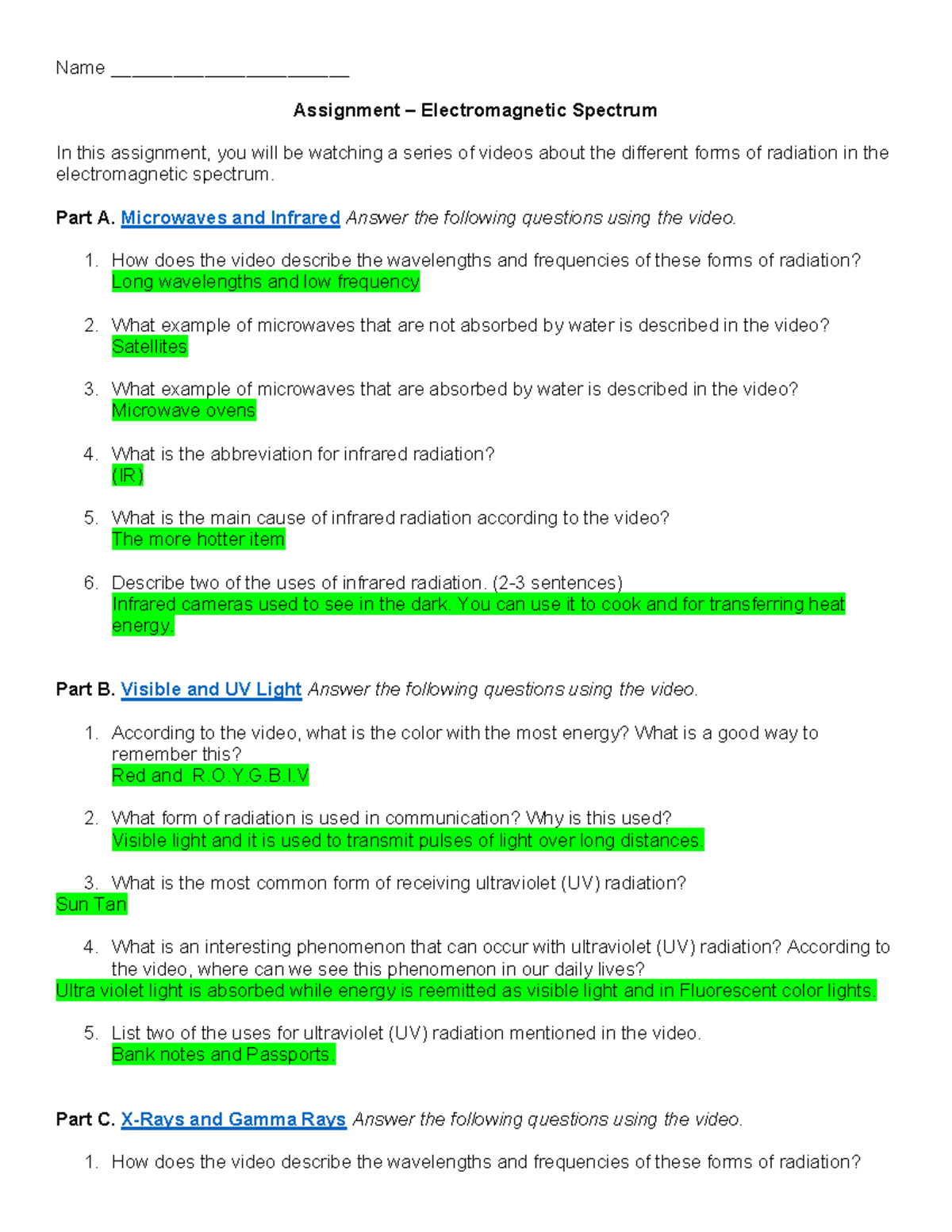 Annotated-Assignment Electromagnetic Spectrum - Name ...