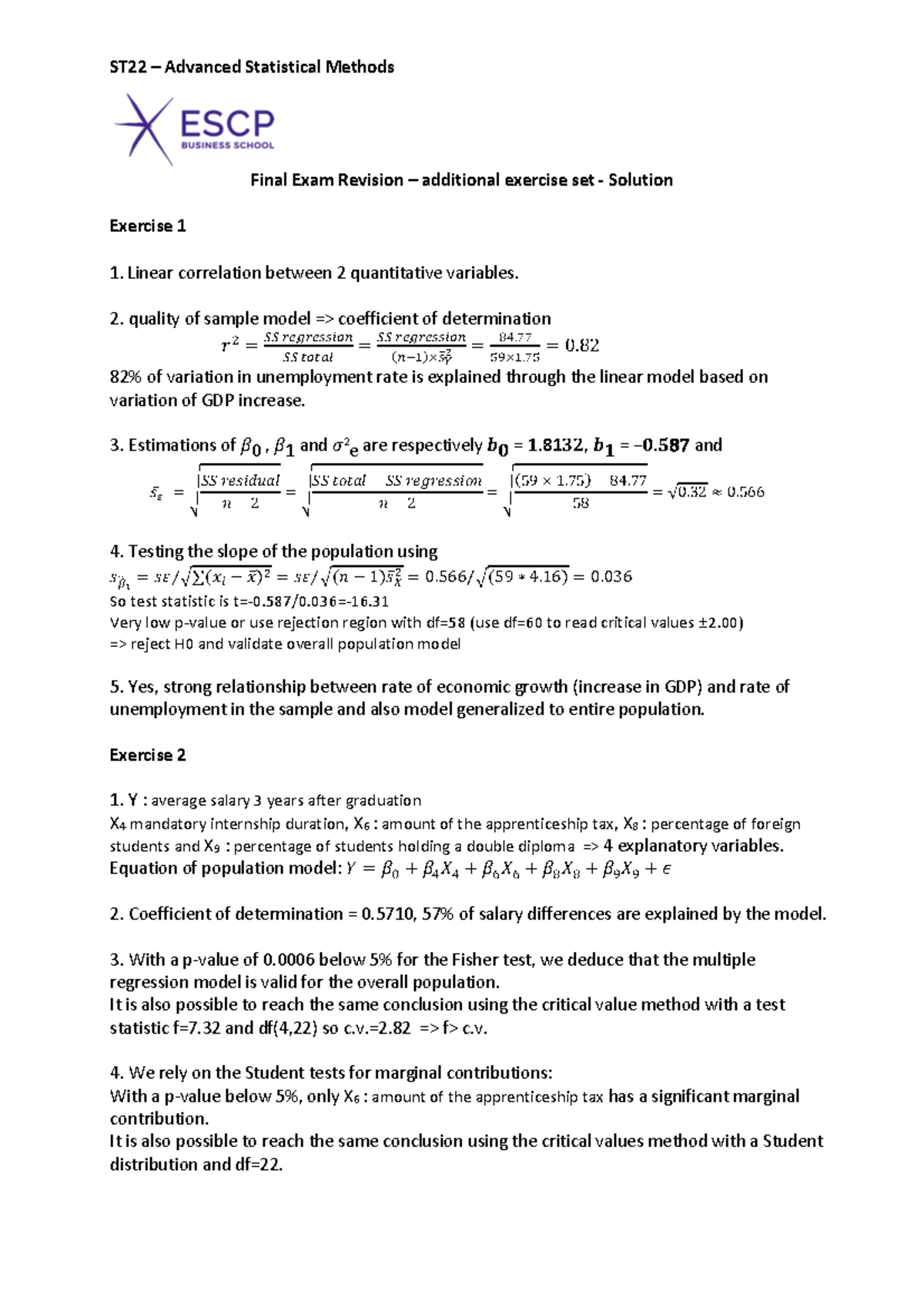 Solution revision set - document - ST22 – Advanced Statistical Methods ...