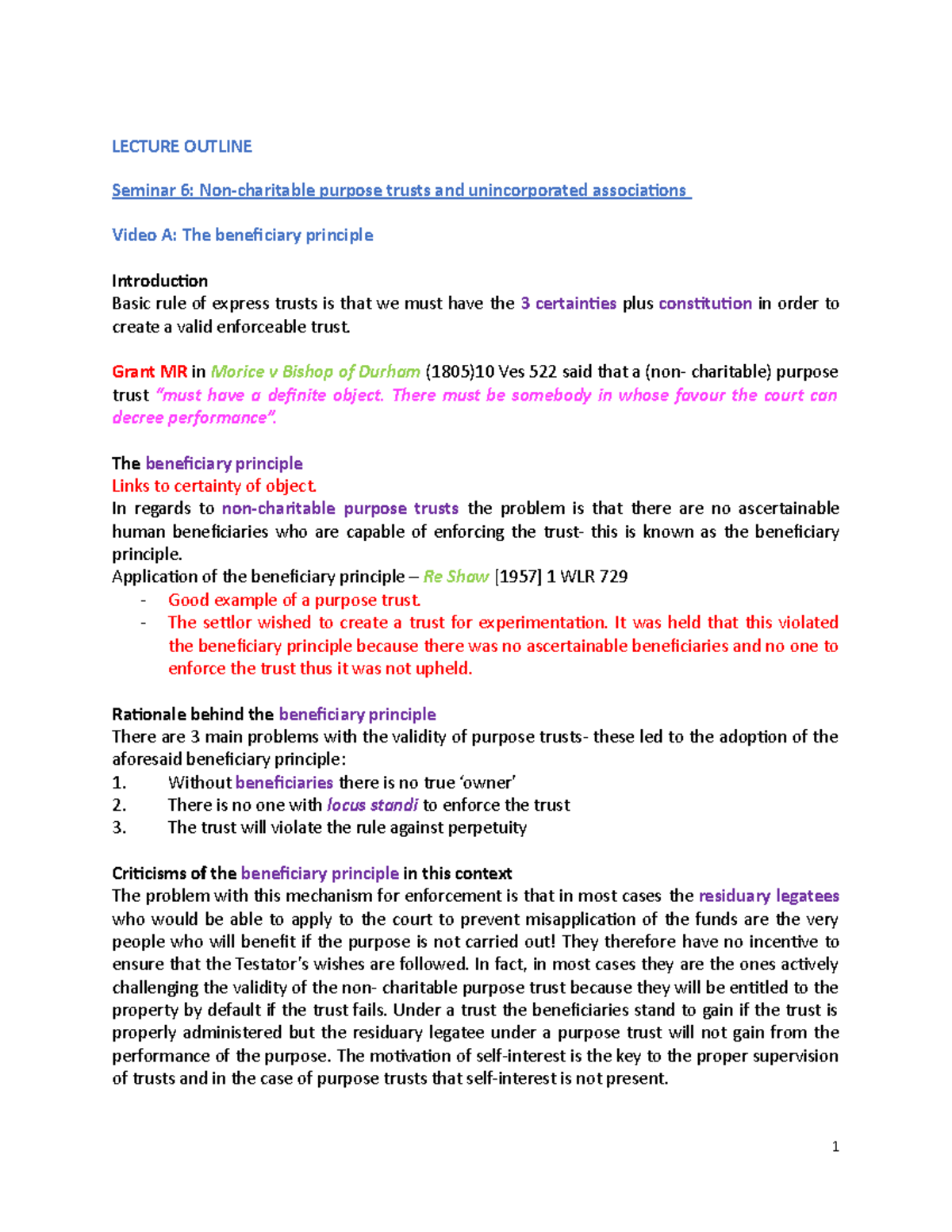 Non Charitable Purpose Trusts lecture - LECTURE OUTLINE Seminar 6: Non ...