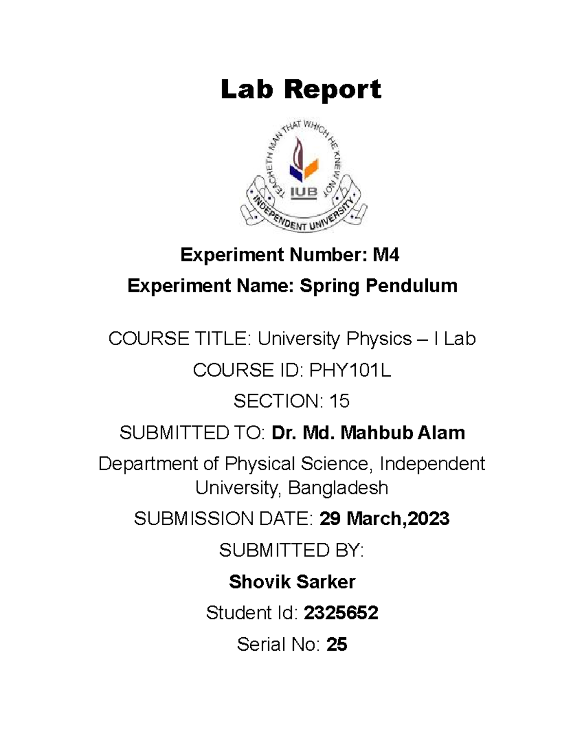 Lab Report M4 To find out the factors affecting the period of