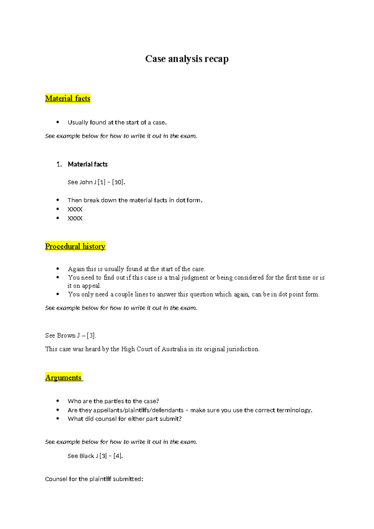 Revision - Studt guide and essay outline - Case analysis recap Material ...
