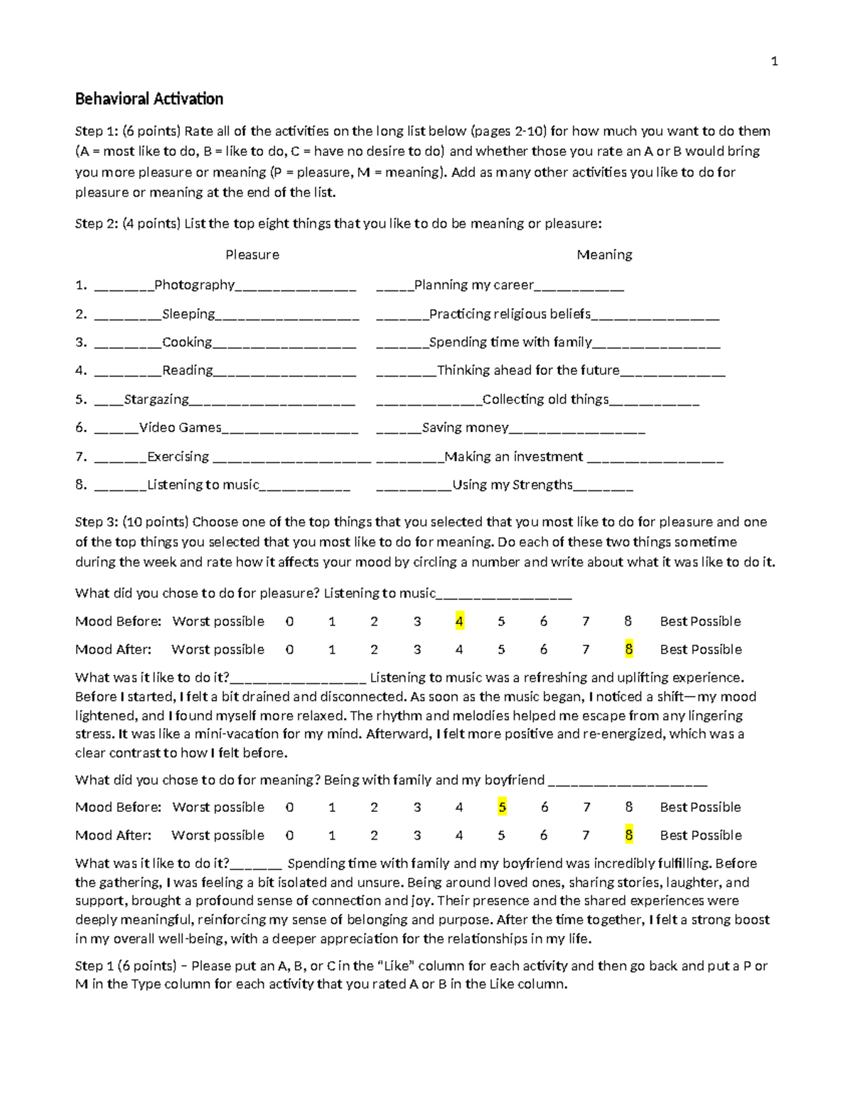 Behavioral Activation-1 - Behavioral Activation Step 1: (6 points) Rate ...