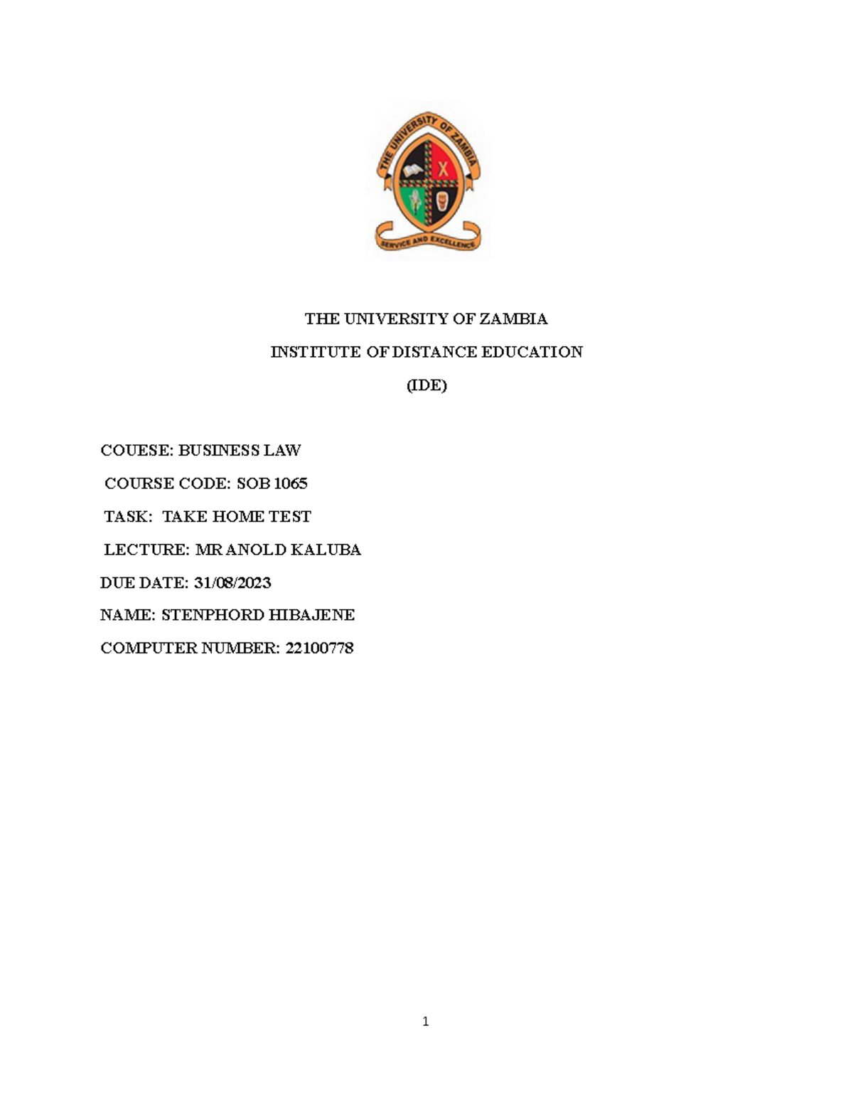 SOB 1065 TAKE HOME TEST - THE UNIVERSITY OF ZAMBIA INSTITUTE OF ...