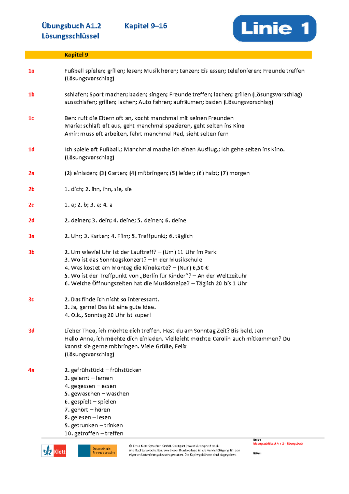 Linie 1 A1 Online übungen Linie 1 A1-2 ab loesungen - Lösungsschlüssel Linie 1 Lösungsschlüssel A