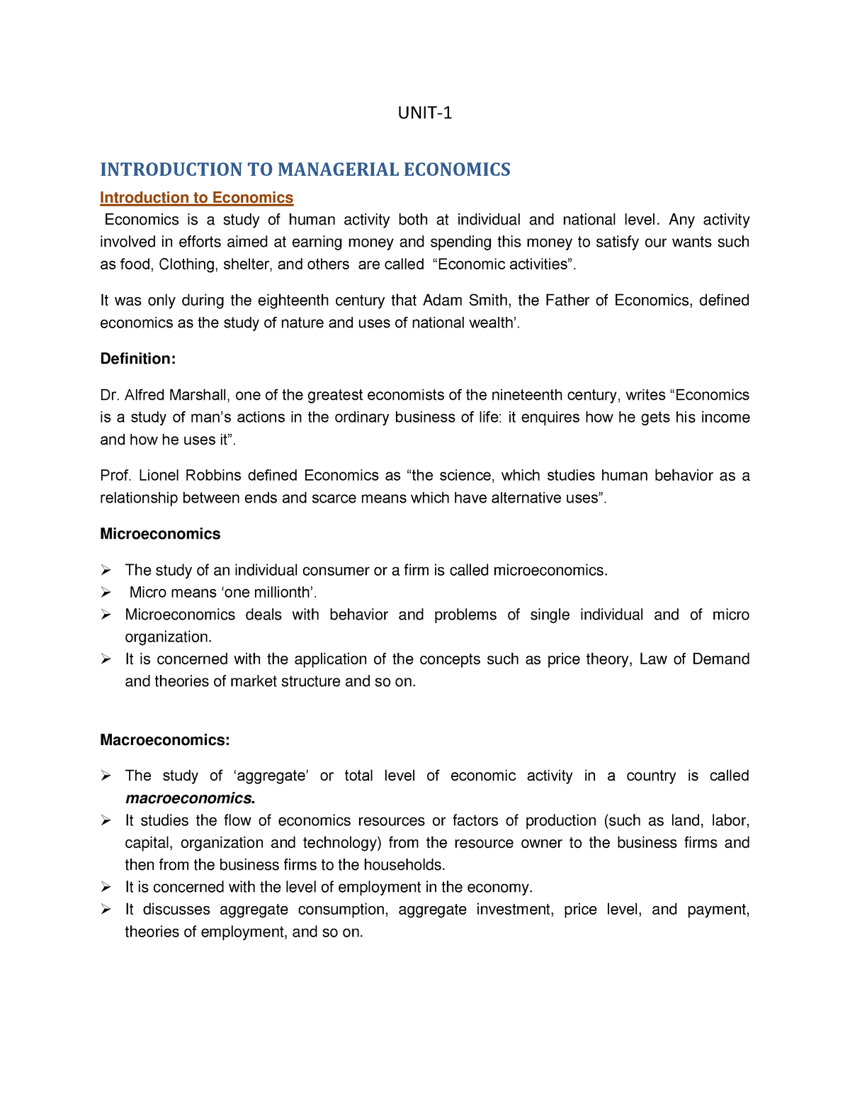 Unit 1 Economics - UNIT- INTRODUCTION TO MANAGERIAL ECONOMICS ...