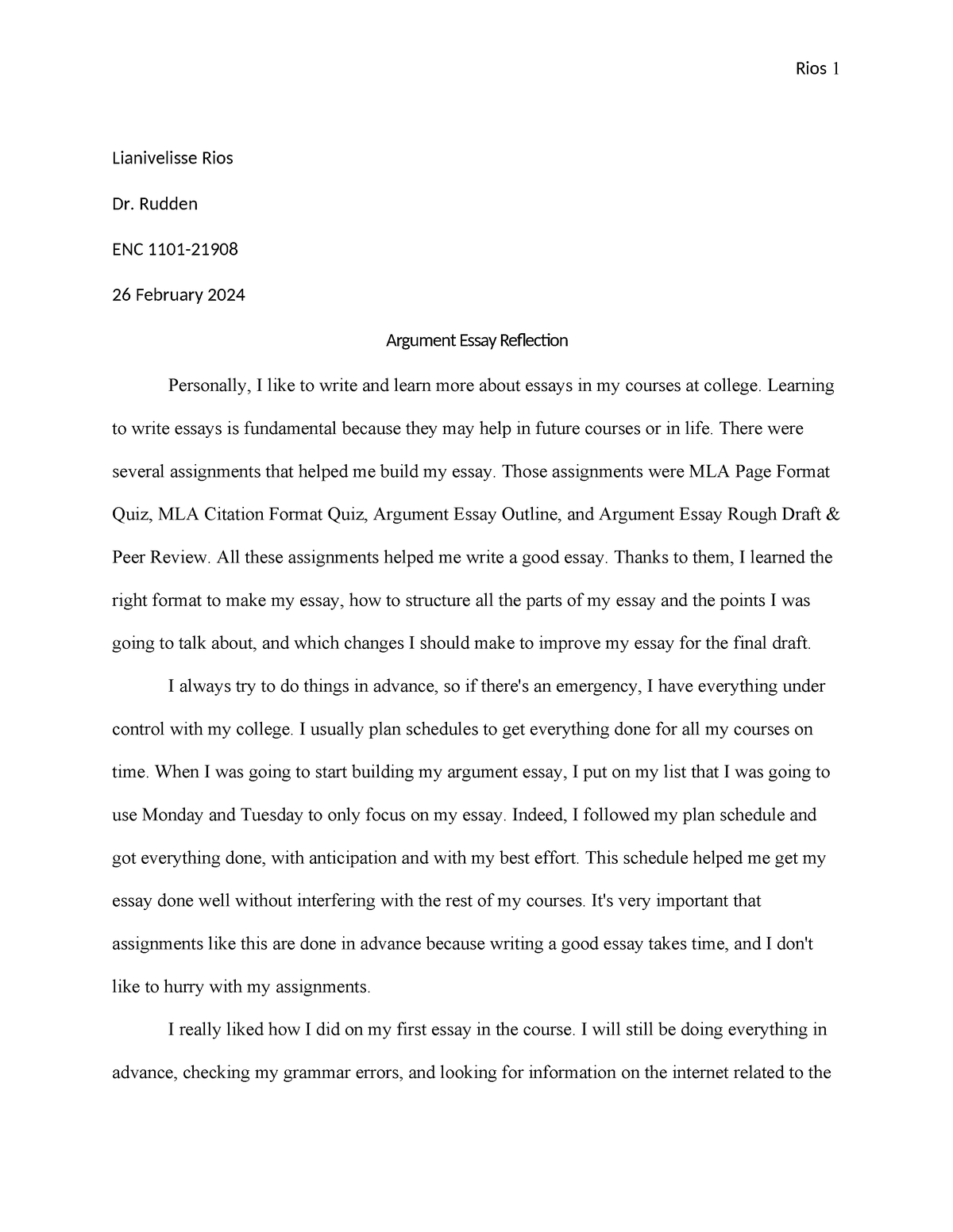 Argument Essay Reflection #1 - Rios 1 Lianivelisse Rios Dr. Rudden ENC ...