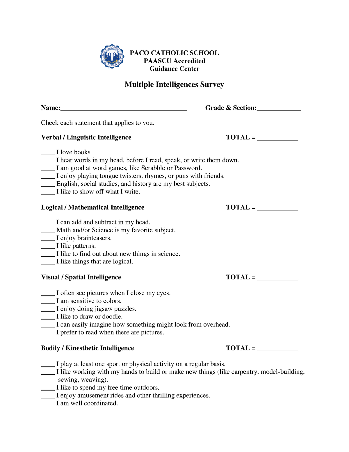 Multiple-Intelligences-Survey SY 2023-2024 - PACO CATHOLIC SCHOOL ...