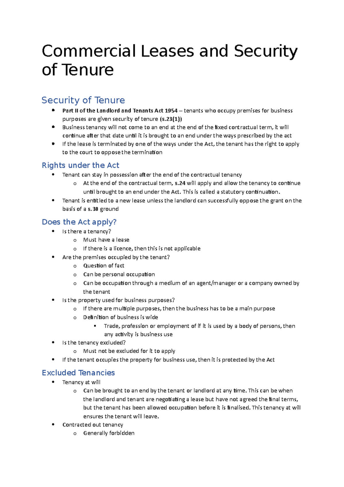 Commercial Leases and Security of Tenure Studocu