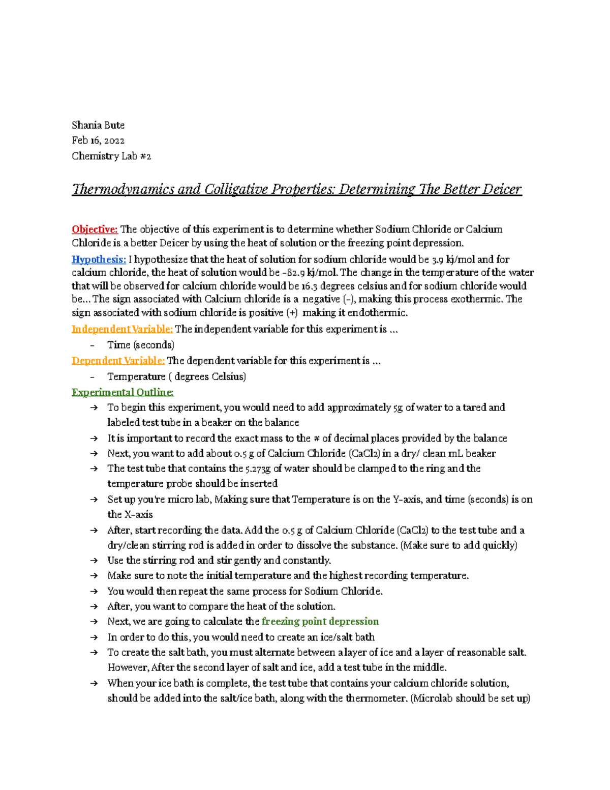 Chem Lab Finding the better Deicer Shania Bute Feb 16, 2022