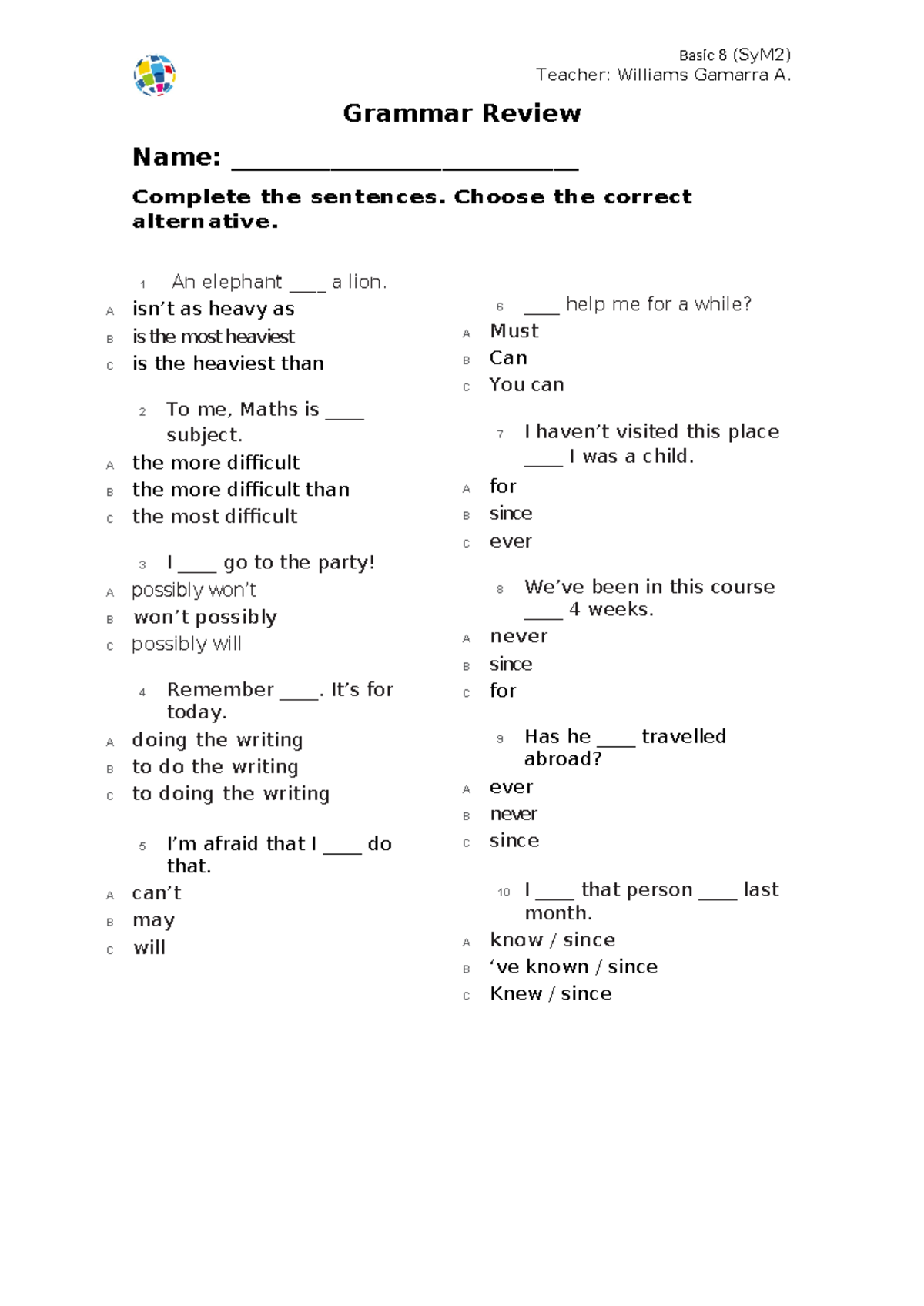 Final Review - repaso del curso - Basic 8 (SyM2) Teacher: Williams ...