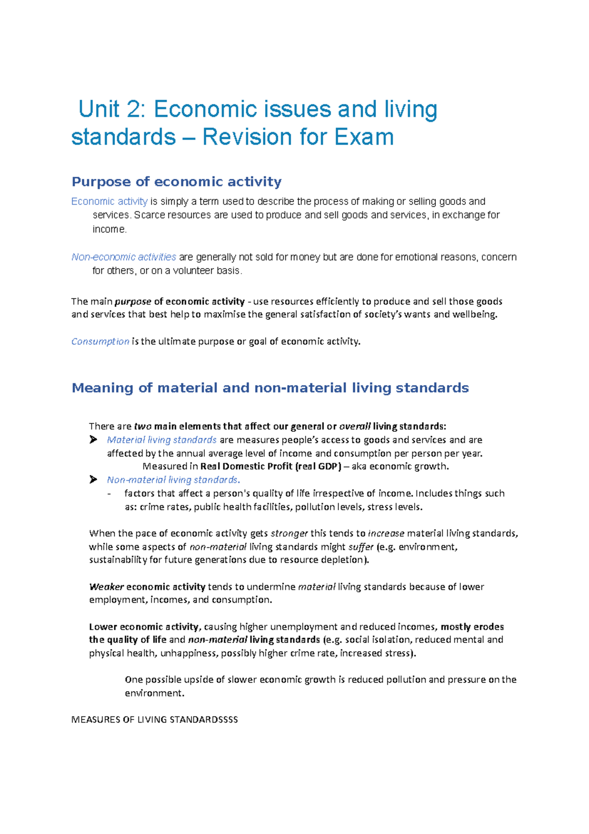 VCE Economics UNIT 2 notes Unit 2 Economic issues and living standards Revision for Exam