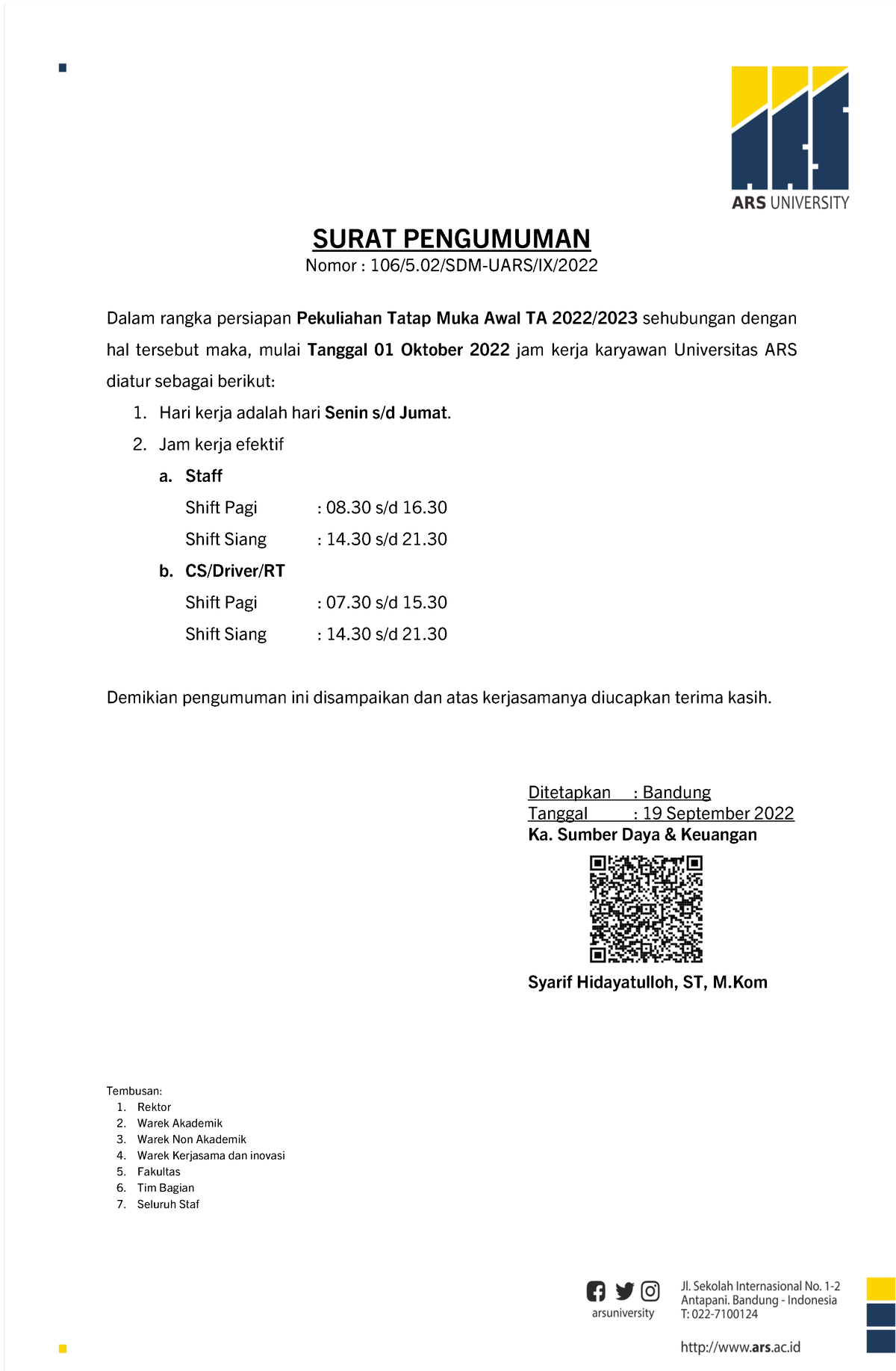 2209191600231 - Test - SURAT PENGUMUMAN Nomor : 106/5/SDM-UARS/IX ...