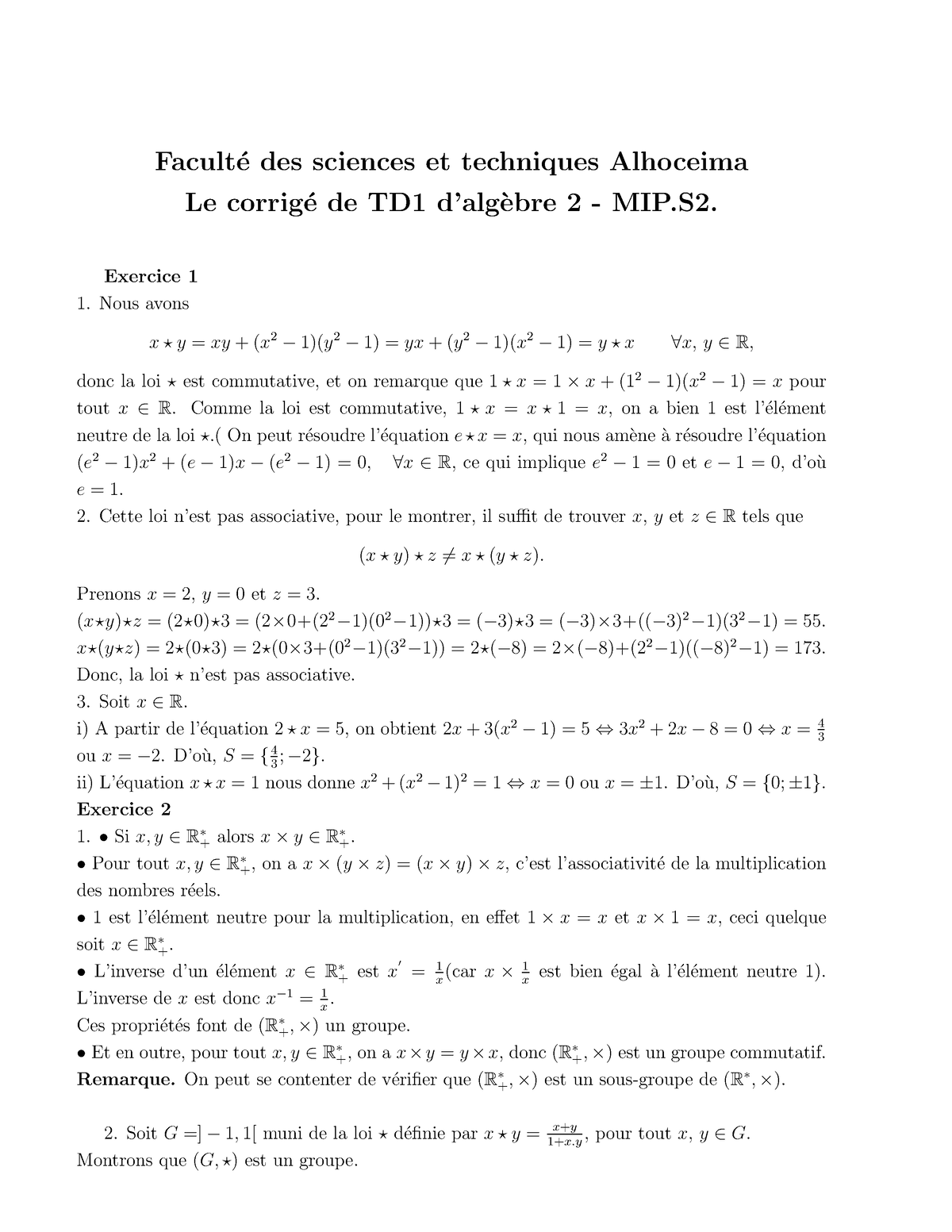 Corrigé De TD1 Suite - Algebre 2 Td - Facult ́e Des Sciences Et ...