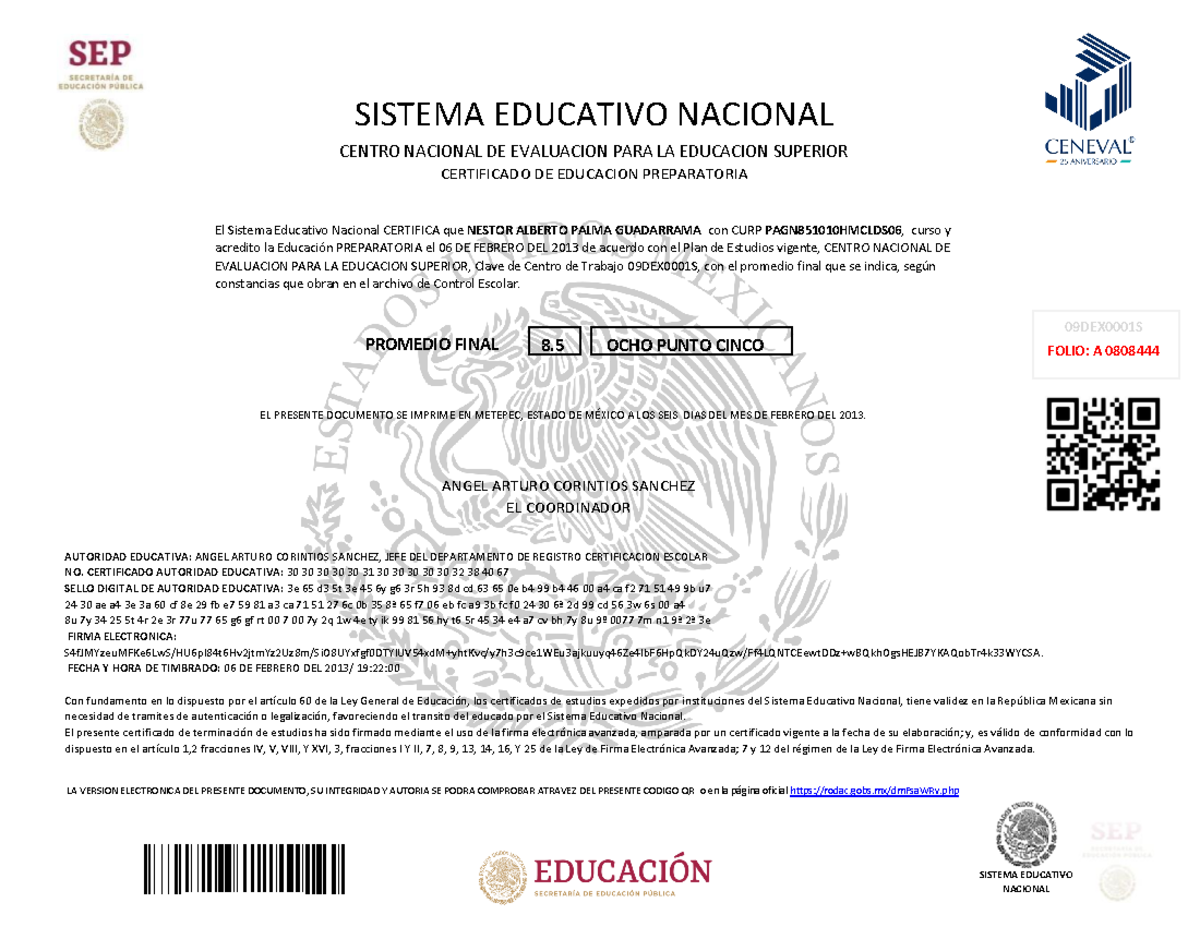 Certificado nestor palma 2013 - 8. 5 OCHO PUNTO CINCO SISTEMA EDUCATIVO