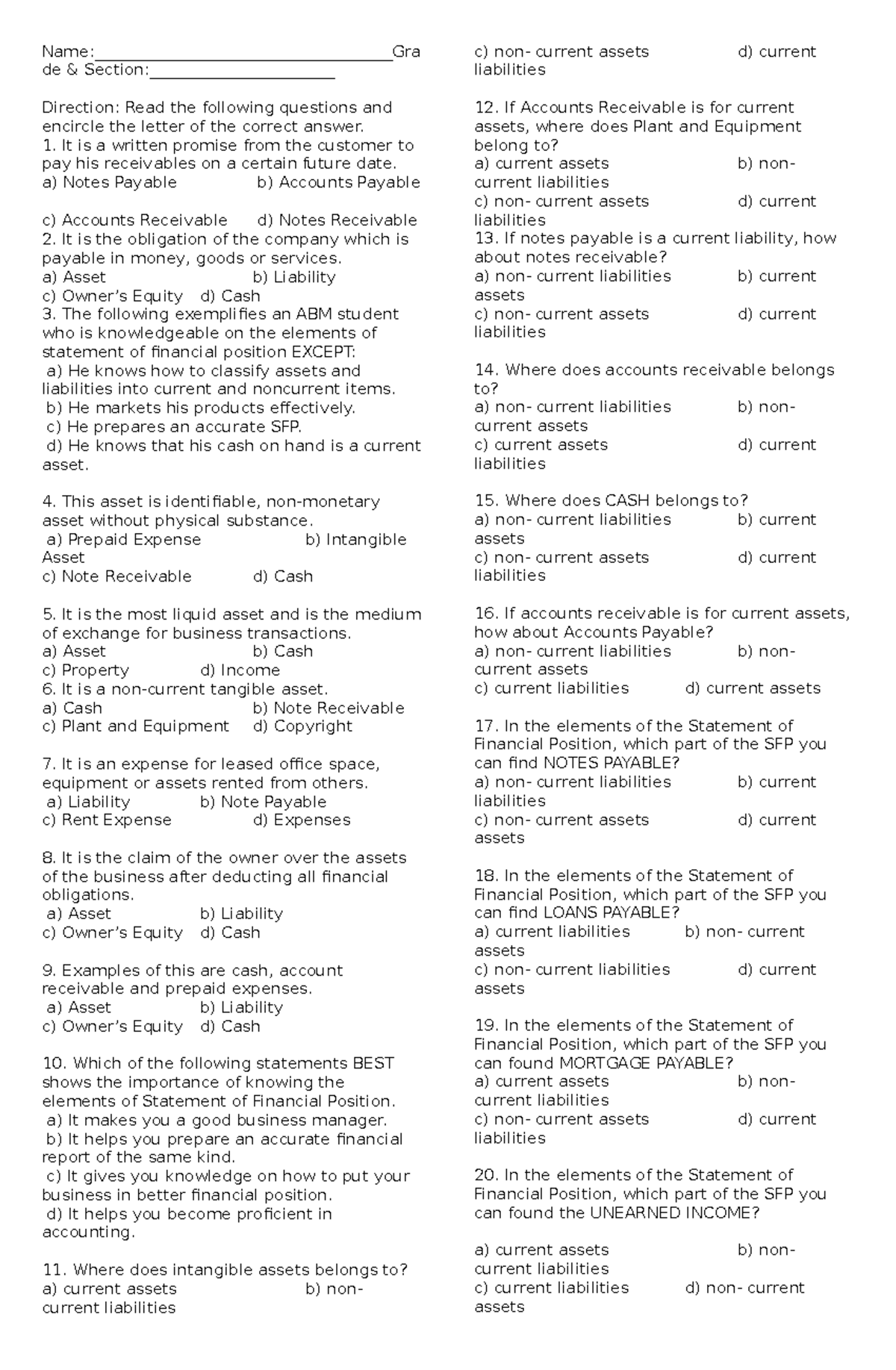 FABM2-Summative-Test - Name:______________Gra de & Section: Direction ...