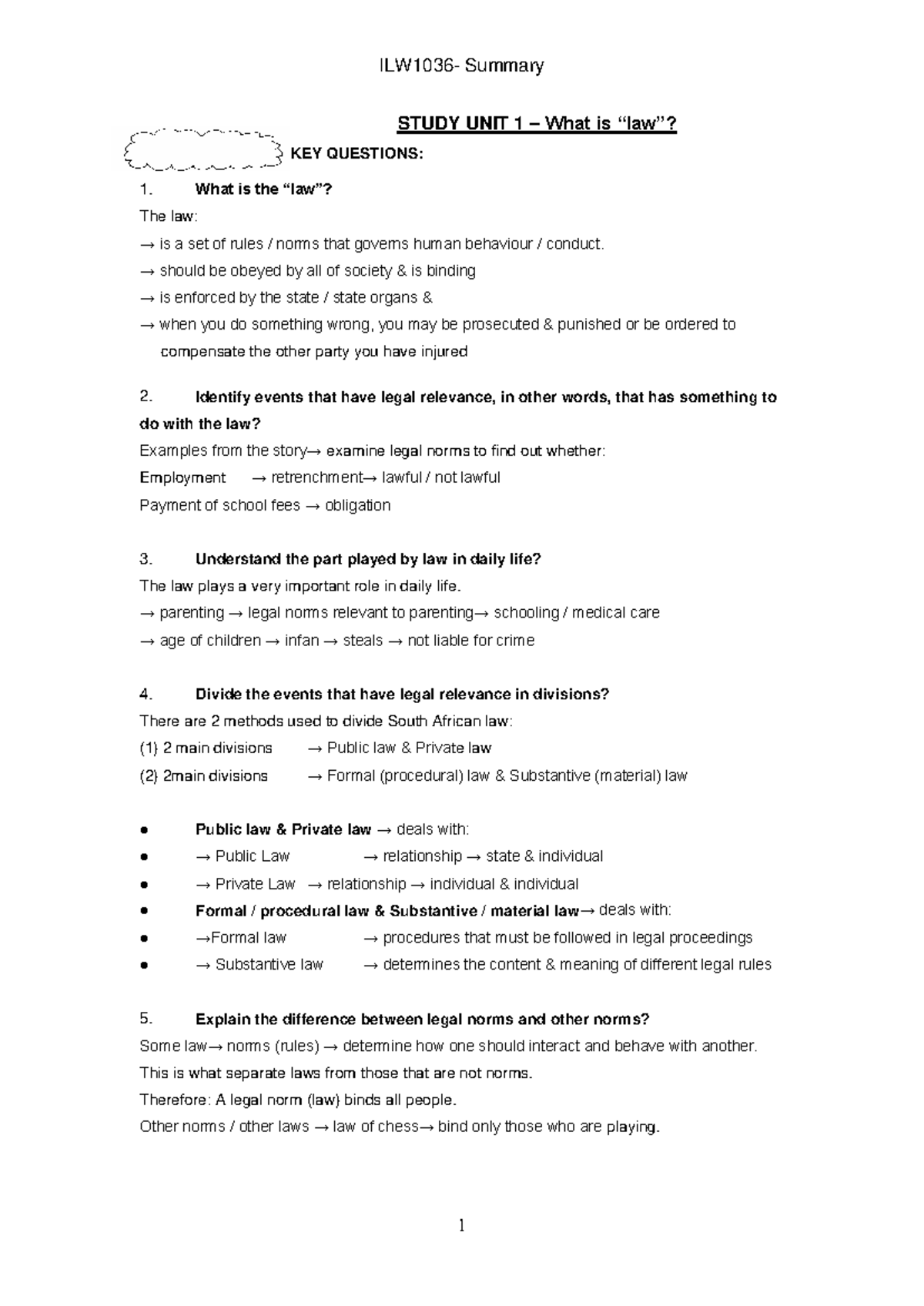 ILW1501-Summaries - Summary Introduction to Law - STUDY UNIT 1 – What ...