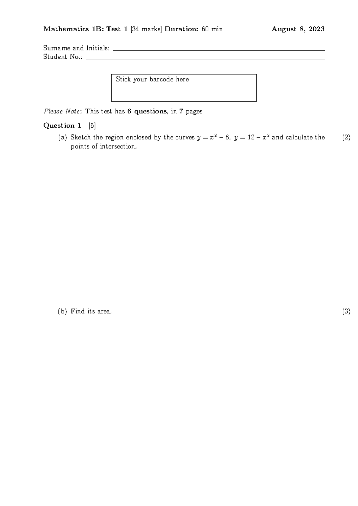 Test 1 (2023) - additional practice - Mathematics 1B: Test 1 [34 marks ...
