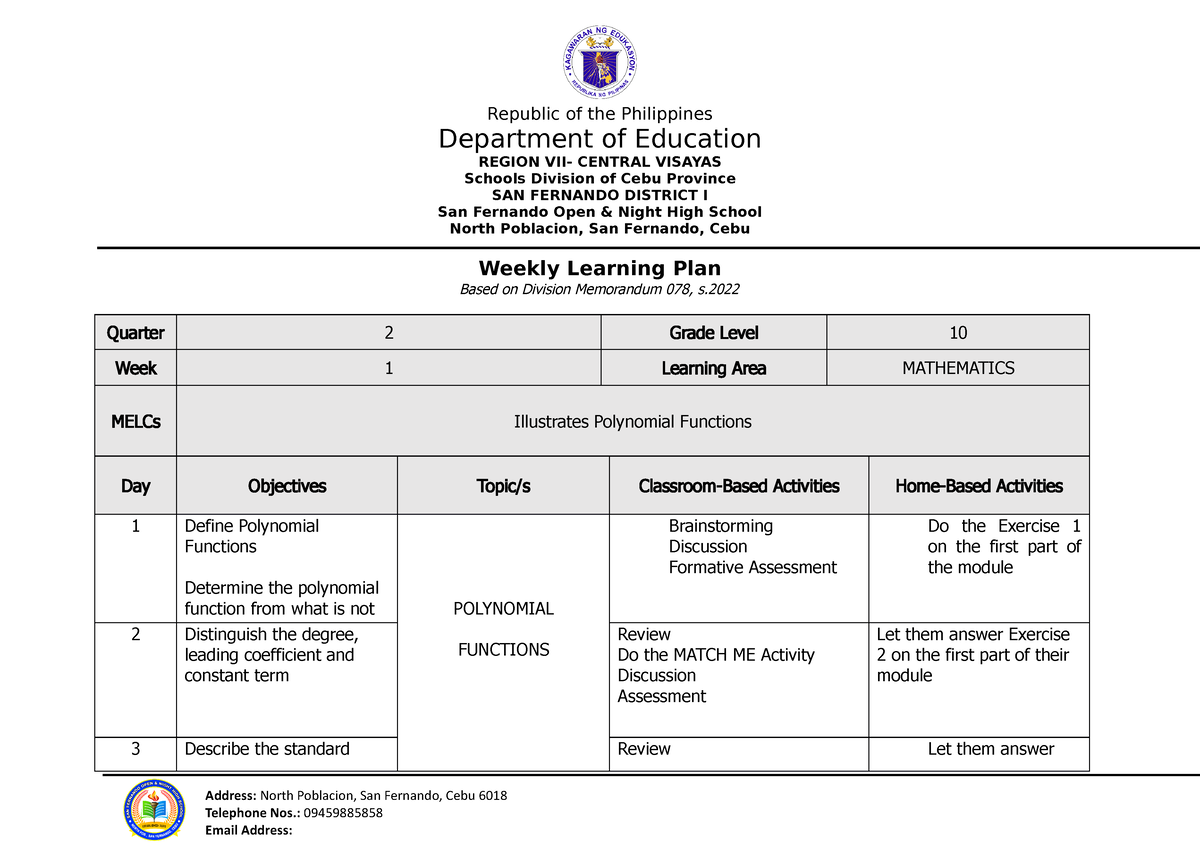 Weekly-PLAN-IN-MATH-wk-1-2 - Republic of the Philippines Department of ...