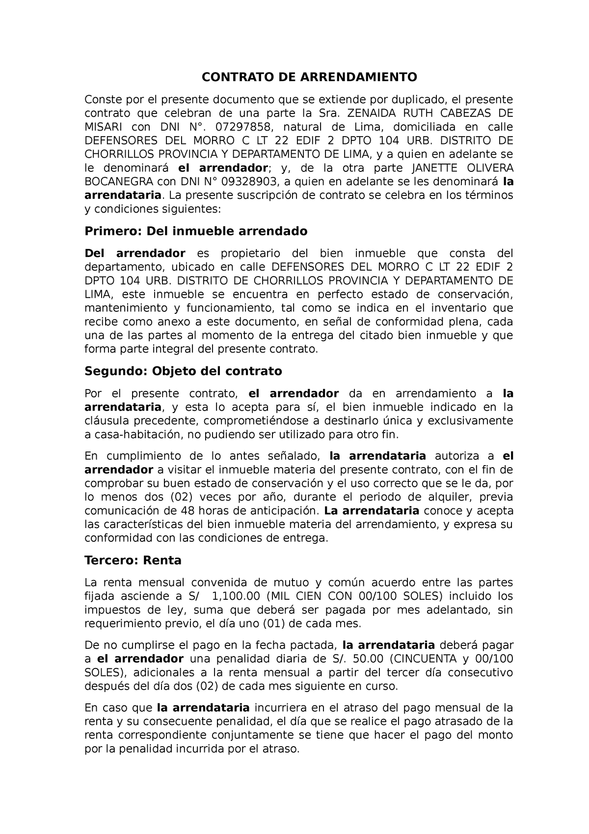 Contrato De Arrendamiento Contrato De Arrendamiento Conste Por El Presente Documento Que Se 5989