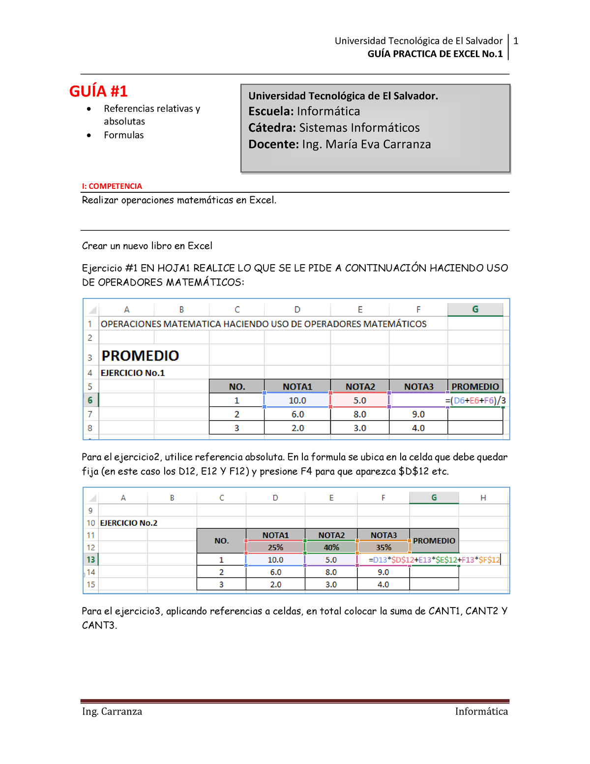 GUIA No.1 Excel Ejercicios Basicos - GUÍA PRACTICA DE EXCEL No. I ...