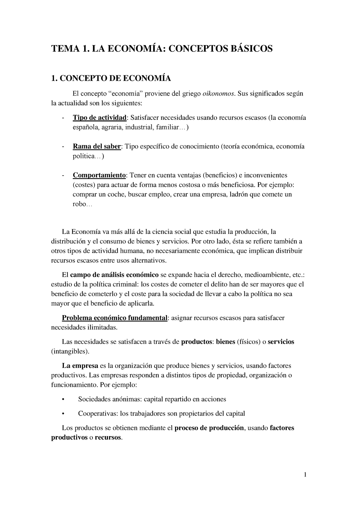 Apuntes Introducción A La Economía - TEMA 1. LA ECONOMÍA: CONCEPTOS ...